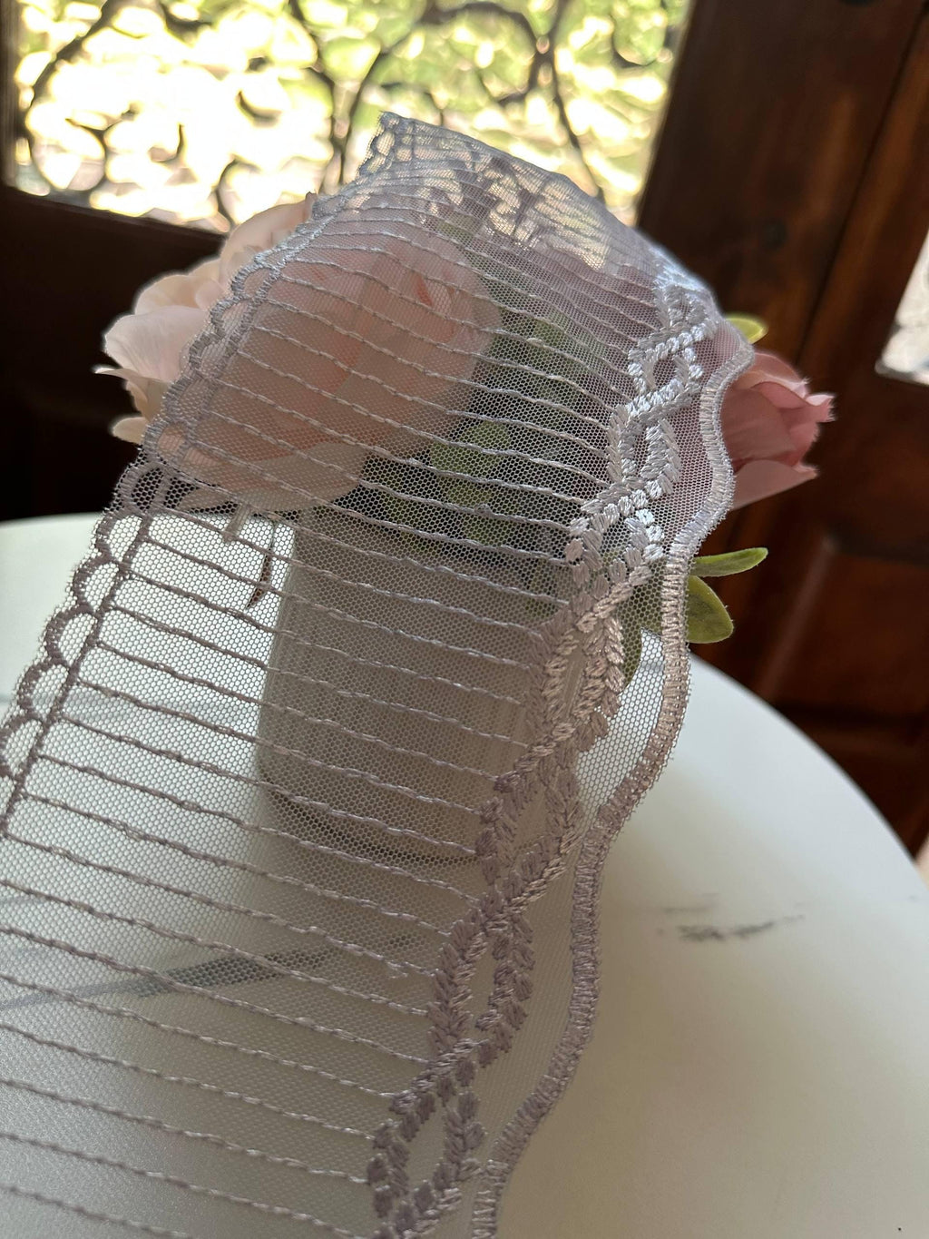 Lavender Periwinkle Embroidered Mesh Tulle Lace Trim Structured Semi Rigid Single Scalloped Ribbon for Gowns Skirts Crafts, 4"