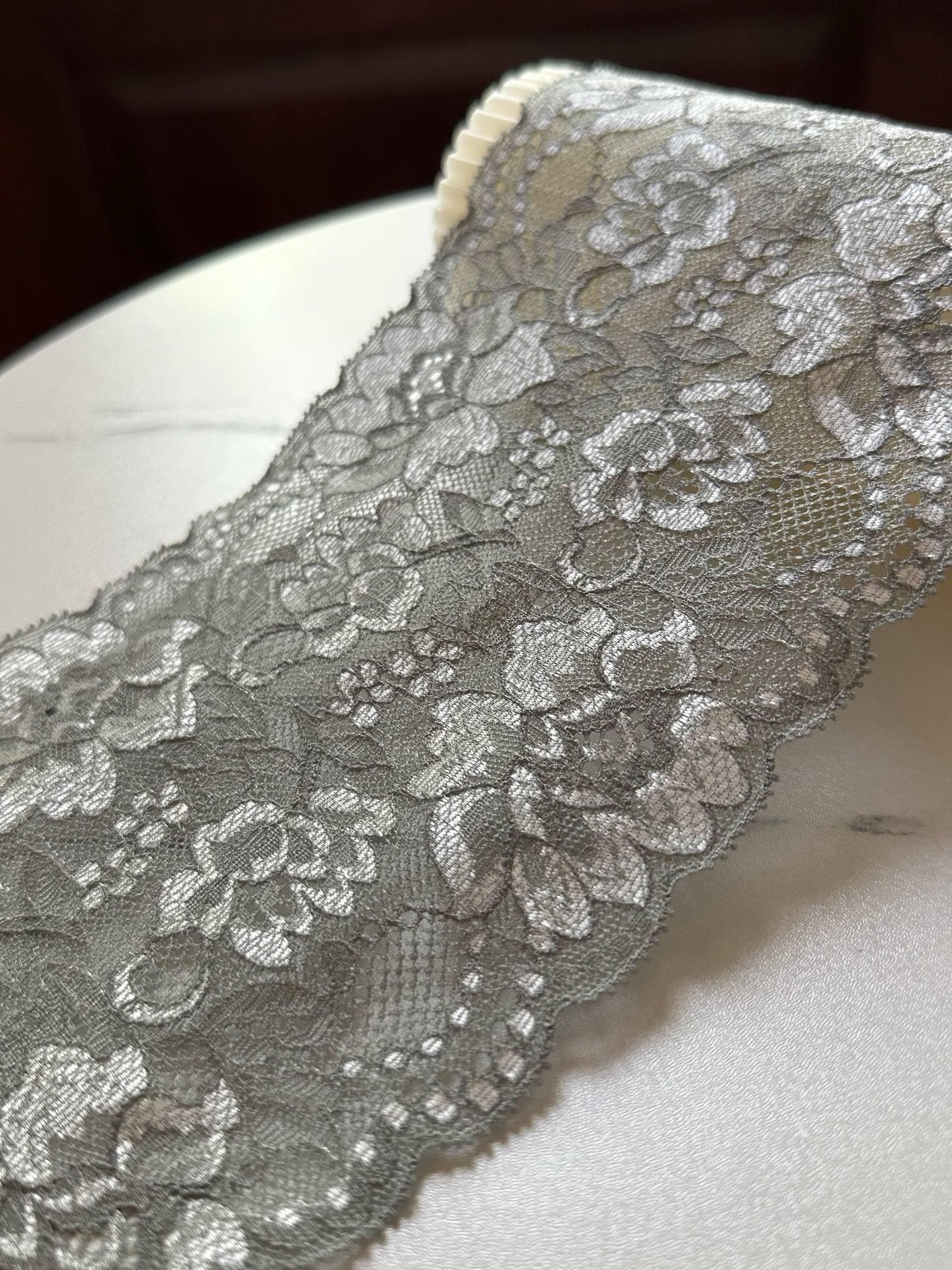 Sage Silver Gray Cordonnet Corded Stretch Elastic Lace Trim Symmetrical Double Scalloped Wide Galloon Ribbon for  Crafts Sewing, 4.85"