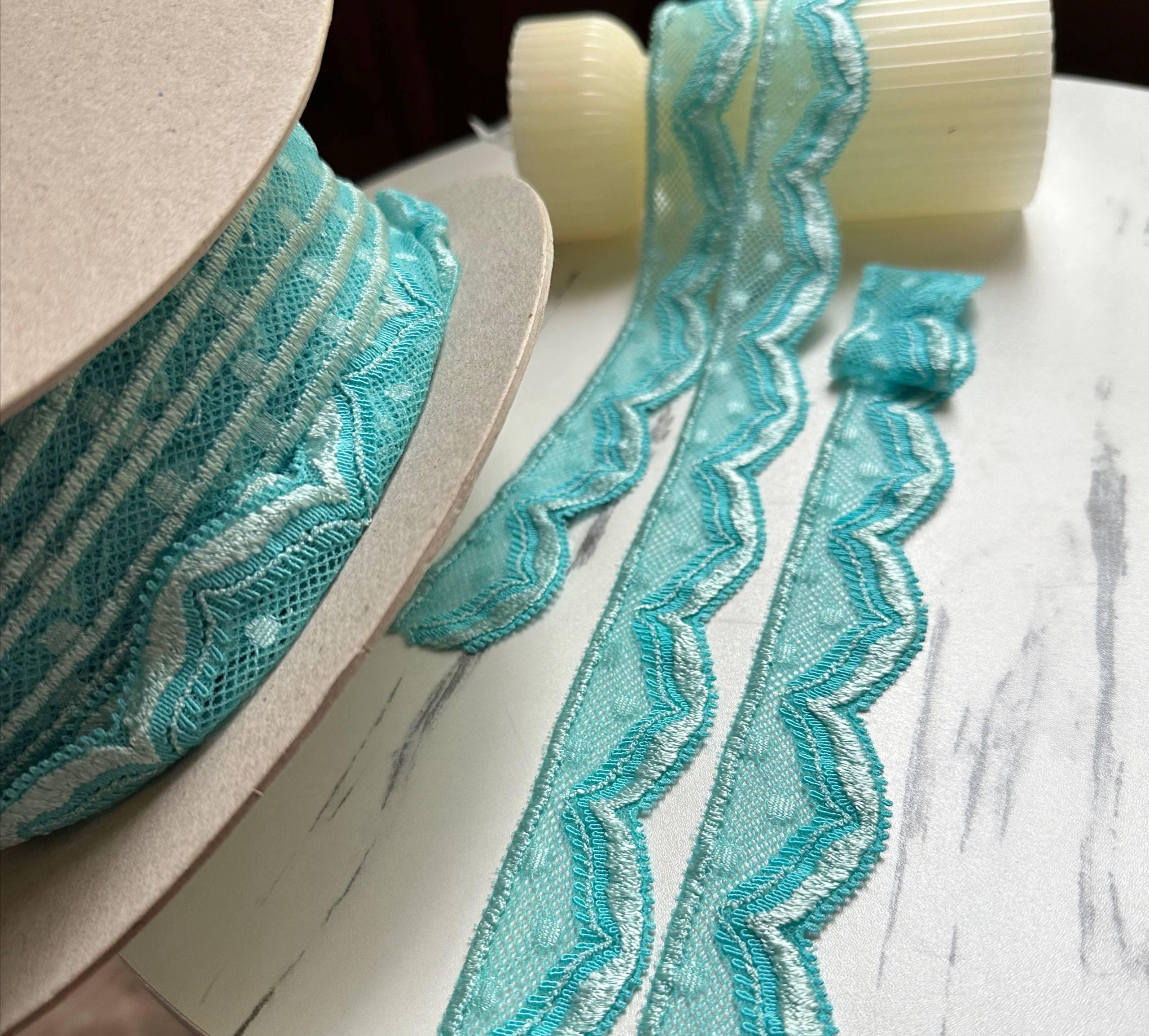 Mint Aqua Turquoise Swiss Dot Elastic Stretch Lace Trim Symmetrical Double Scalloped Narrow Ribbon for  Crafts Sewing, 1.1"