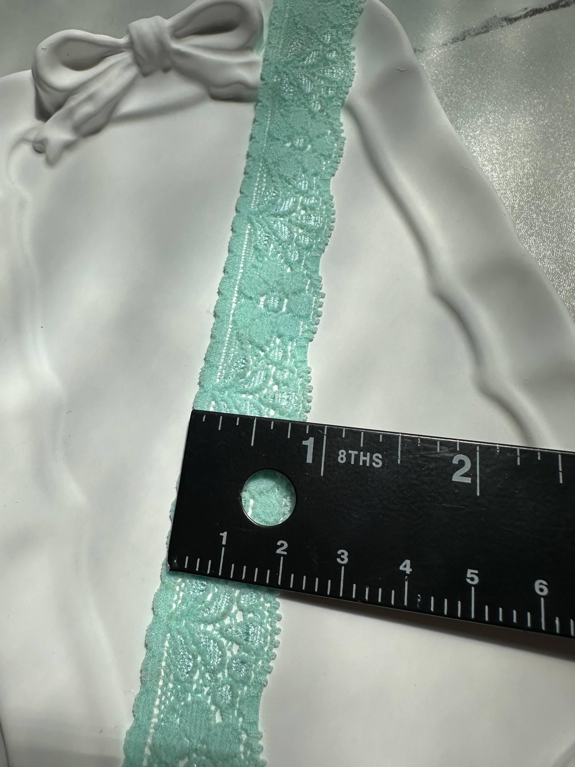 Mint Green Pastel Aqua Floral Stretch Elastic Lace Trim Symmetrical Double Scalloped Narrow Ribbon for Lingerie Craft Sewing, 0.85"