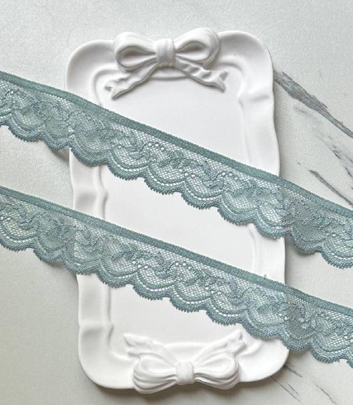 Dusty Sage Mint Blue Foliage  Stretch Elastic Lace Trim Single Scalloped Narrow Ribbon for Lingerie Underwear Hair Bows Crafts Sewing, 1.25"