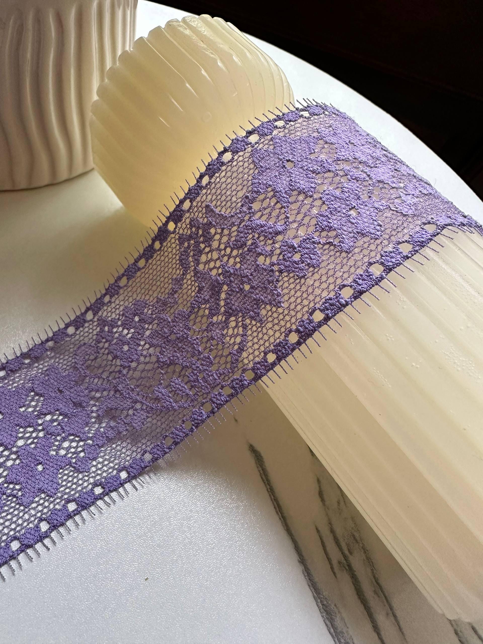 Dusty Lavender Purple Floral Stretch Elastic Lace Trim Eyelash Fringe Straight Edge Galloon for Lingerie Underwear sewing Crafts, 1.75"