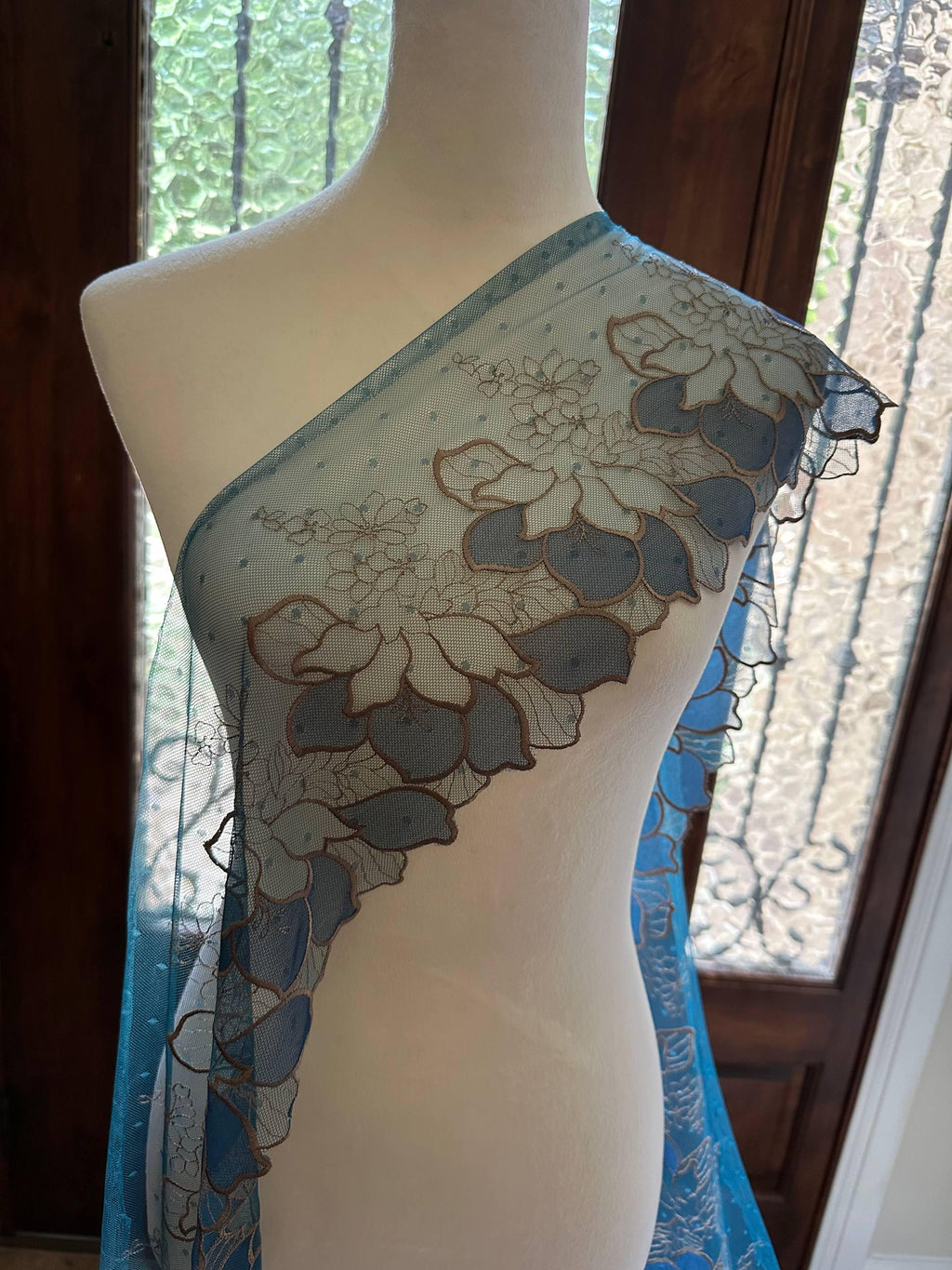 7.65" Peacock Blue Gold Lace Trim Wide Embroidered Floral Swiss Dot Mesh Single Scalloped Edge Lace for Lingerie Garment Sewing Crafts