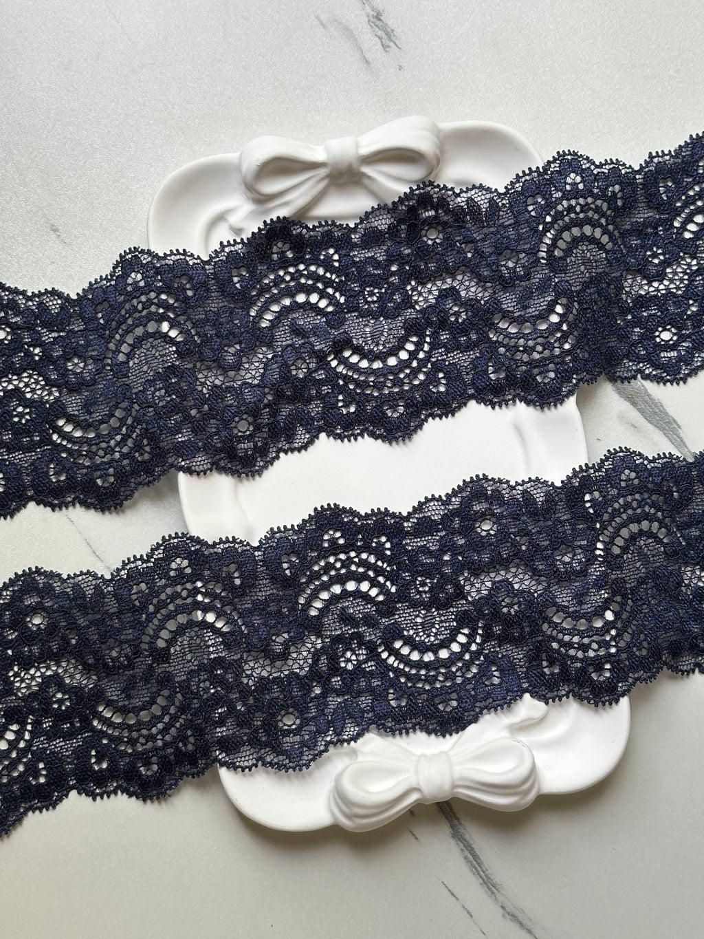 Deep Navy Blue Floral Stretch Elastic Lace Trim Symmetrical Double Scalloped Wide Galloon Ribbon for Lingerie Underwear Crafts, 2.35"