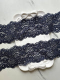 Deep Navy Blue Floral Stretch Elastic Lace Trim Symmetrical Double Scalloped Wide Galloon Ribbon for Lingerie Underwear Crafts, 2.35"