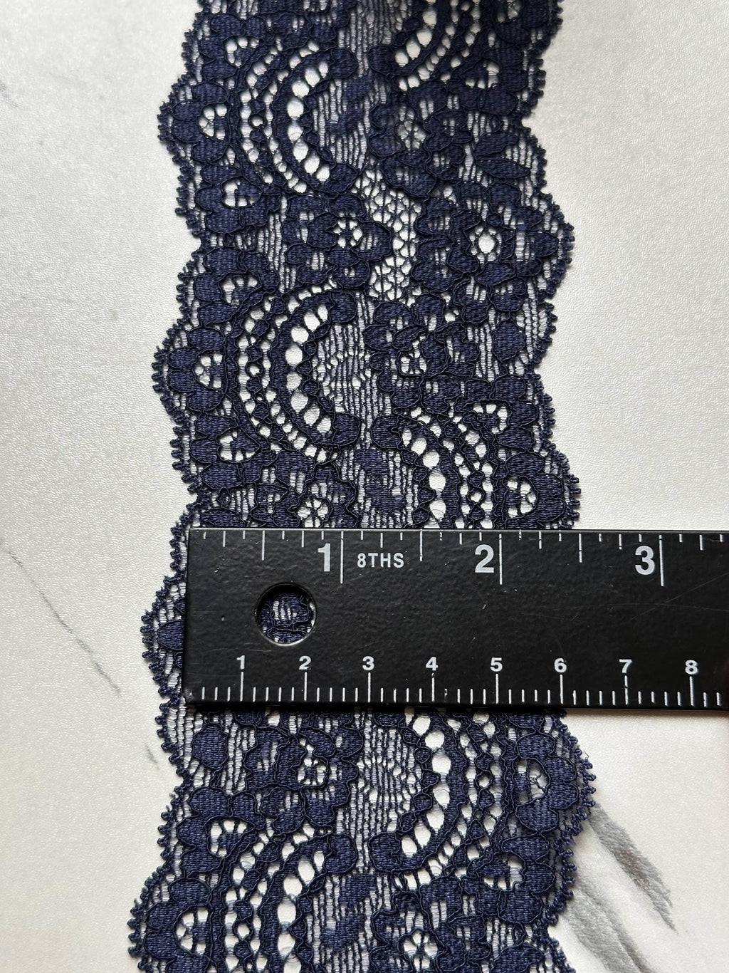 Deep Navy Blue Floral Stretch Elastic Lace Trim Symmetrical Double Scalloped Wide Galloon Ribbon for Lingerie Underwear Crafts, 2.35"