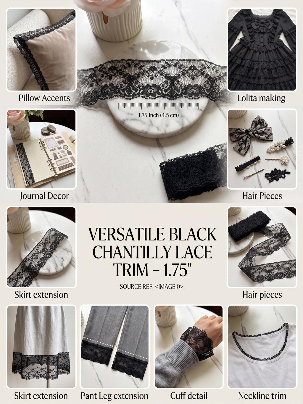 Classic Onyx Black Floral Non Stretch Lace Trim Symmetrical Double Scalloped Galloon Ribbon for Gowns Blouses Crafts Sewing, 1.75"