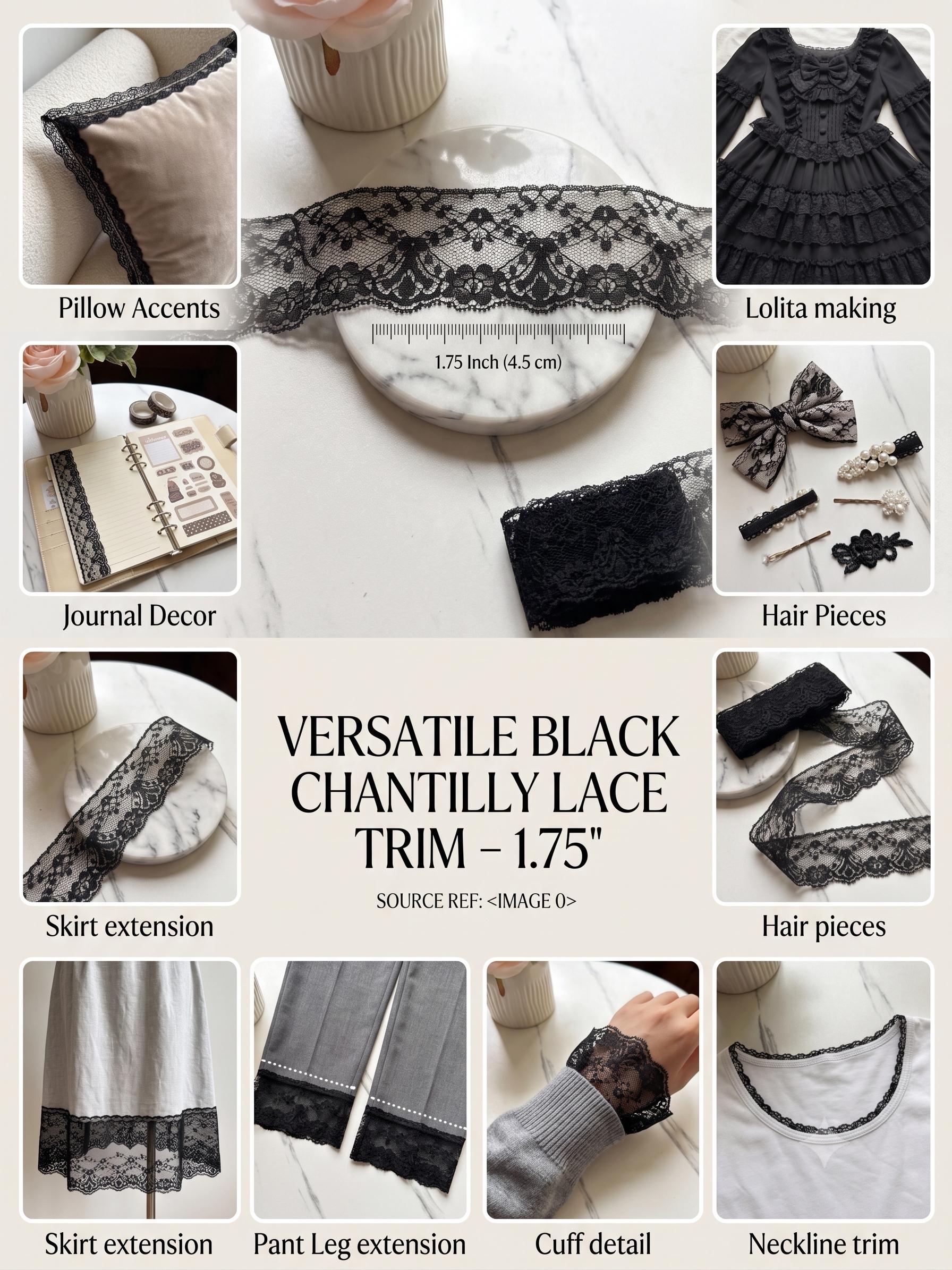 Classic Onyx Black Floral Non Stretch Lace Trim Symmetrical Double Scalloped Galloon Ribbon for Gowns Blouses Crafts Sewing, 1.75"