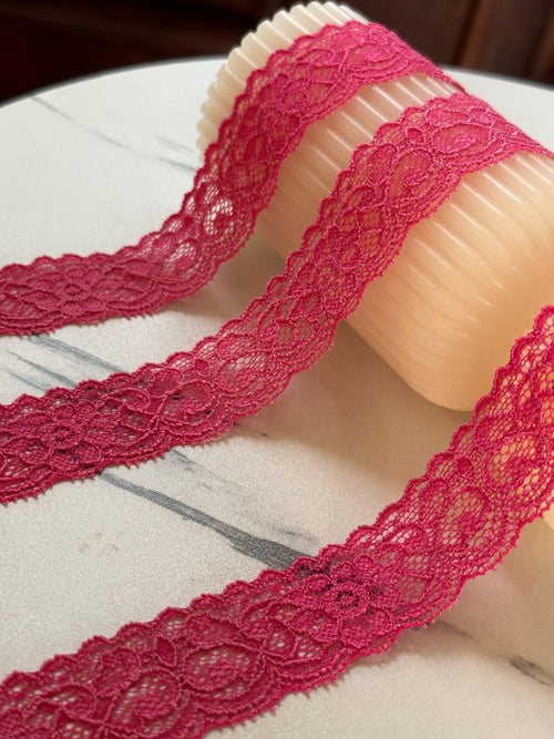 1" Hot Pink Stretch Lace Trim Fuchsia Floral Elastic Galloon Scalloped Edge Ribbon for Lingerie Underwear Doll Clothing Sewing Crafts