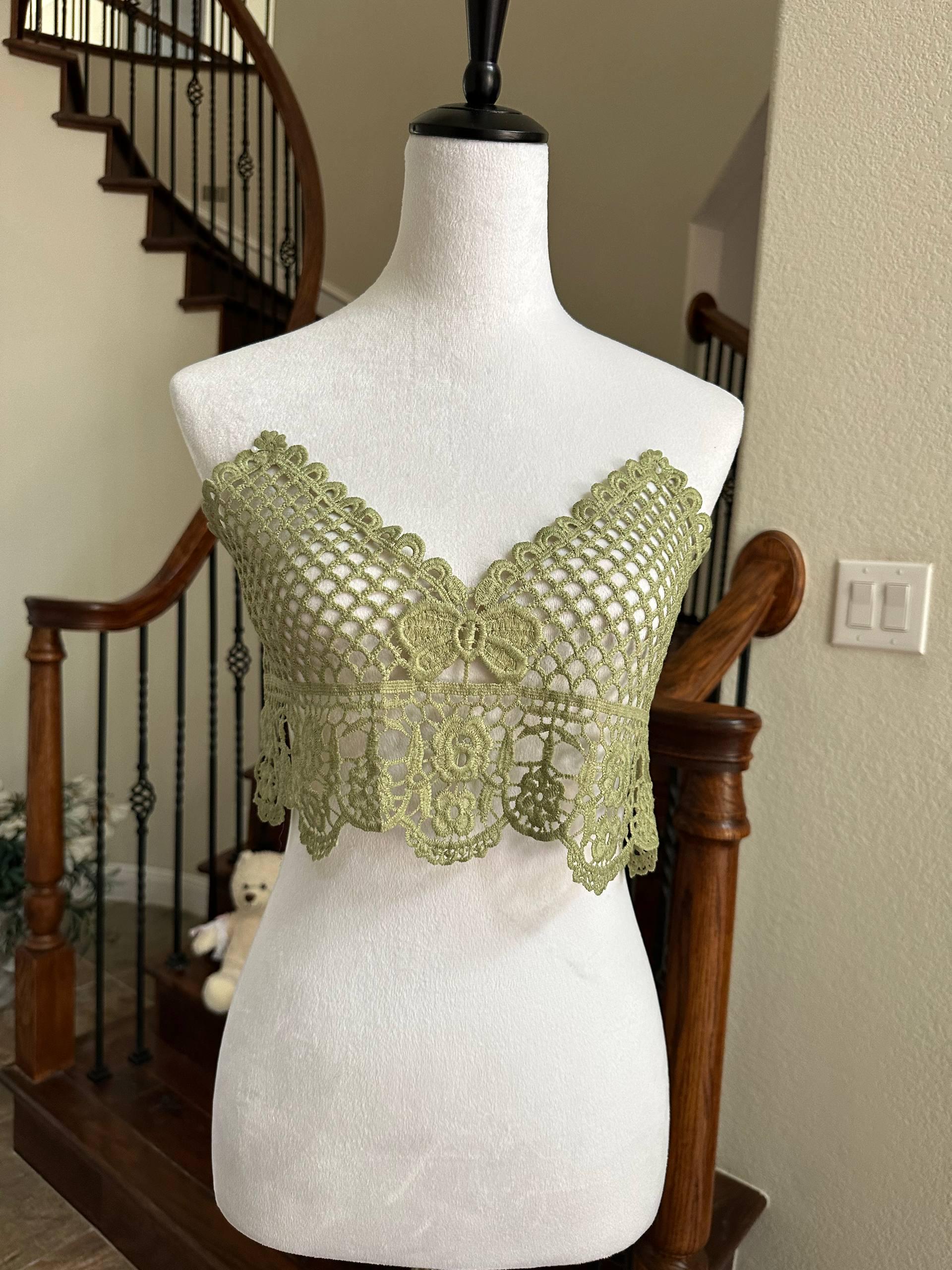Muted Sage Green Guipure Water Soluble Lace Bodice Applique Motif Butterfly Floral Embroidered Front Panel for Camisole Blouse Sewing, 18"