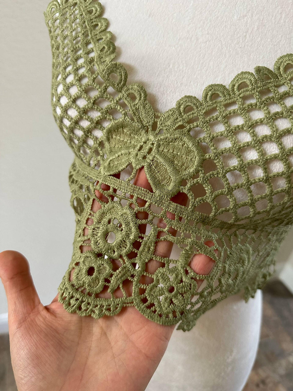 Muted Sage Green Guipure Water Soluble Lace Bodice Applique Motif Butterfly Floral Embroidered Front Panel for Camisole Blouse Sewing, 18"