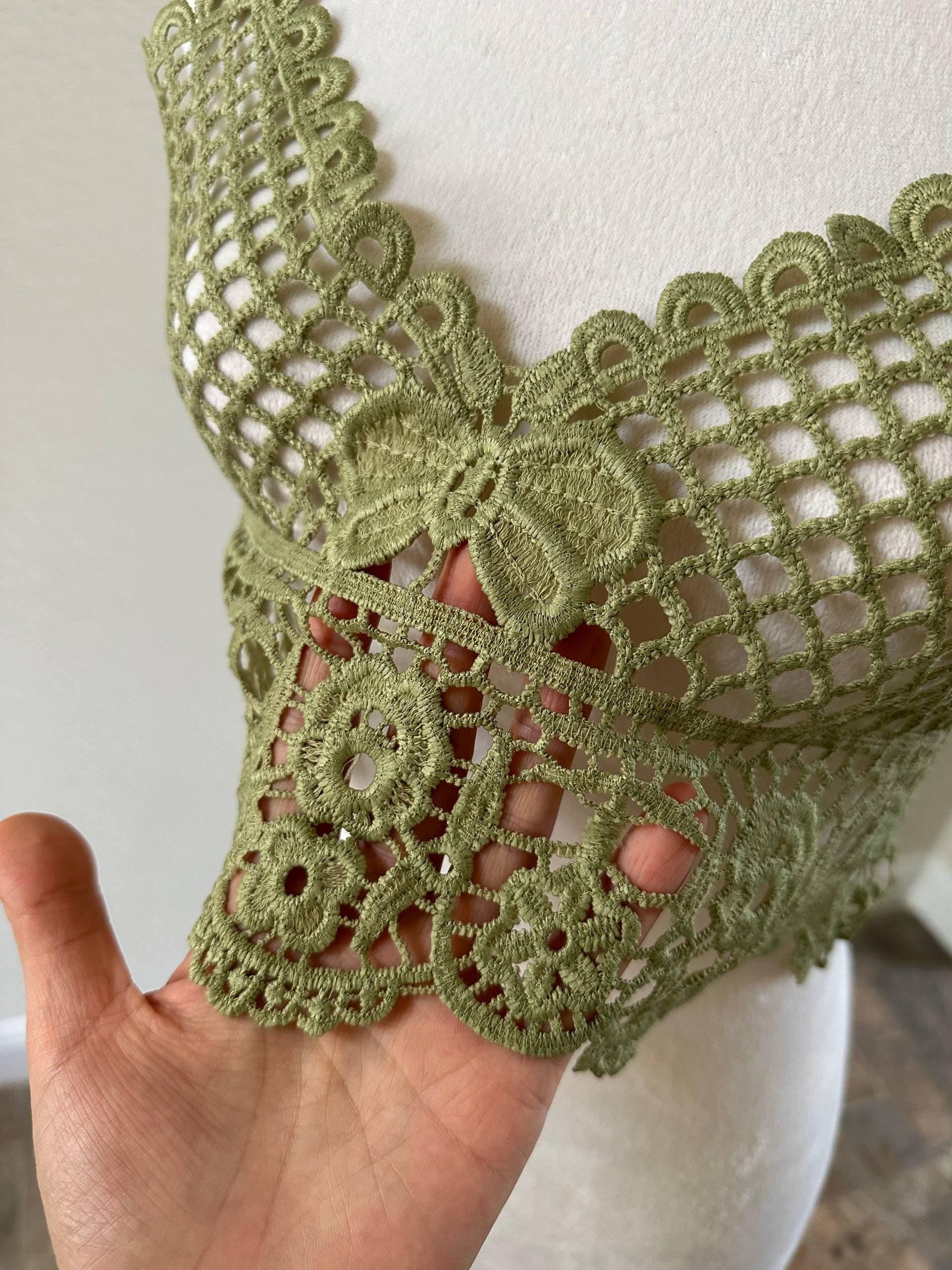 Muted Sage Green Guipure Water Soluble Lace Bodice Applique Motif Butterfly Floral Embroidered Front Panel for Camisole Blouse Sewing, 18"