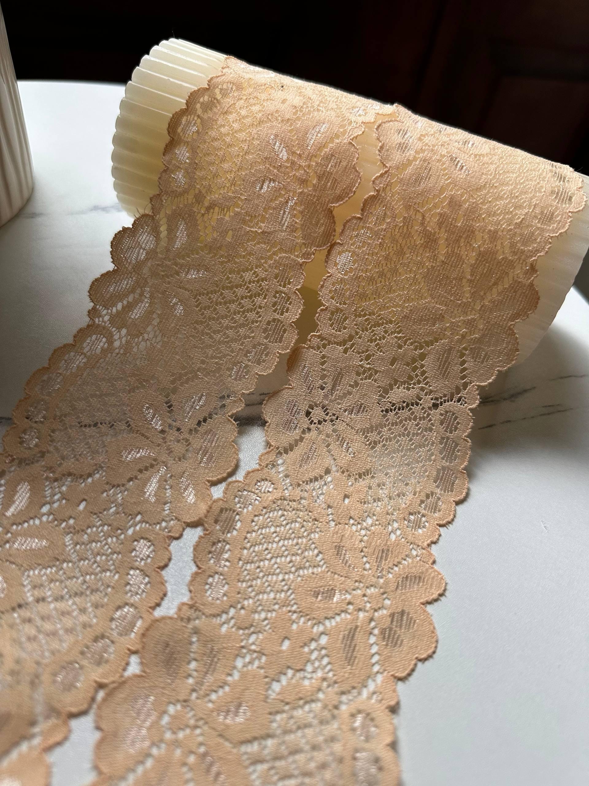 Muted Apricot Peach Floral Slight Stretch Lace Trim Symmetrical Double Scalloped Thin Galloon Ribbon for Lingerie Underwear Crafts, 2"