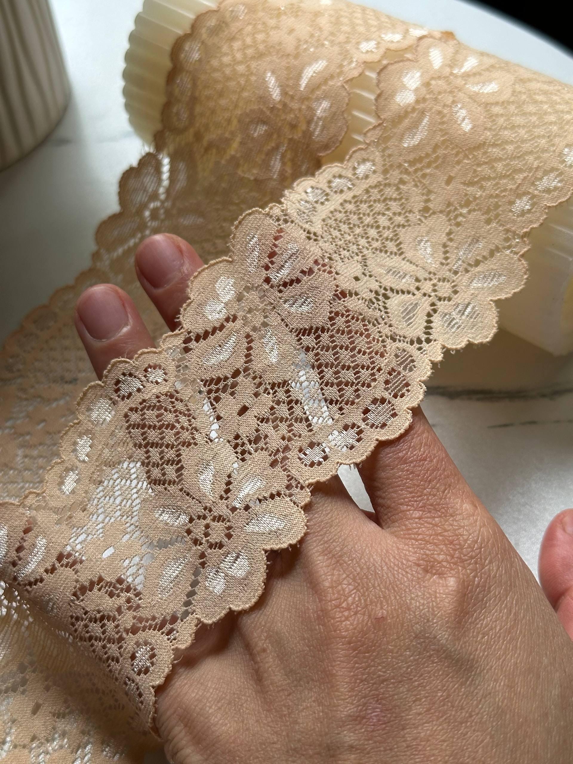 Muted Apricot Peach Floral Slight Stretch Lace Trim Symmetrical Double Scalloped Thin Galloon Ribbon for Lingerie Underwear Crafts, 2"