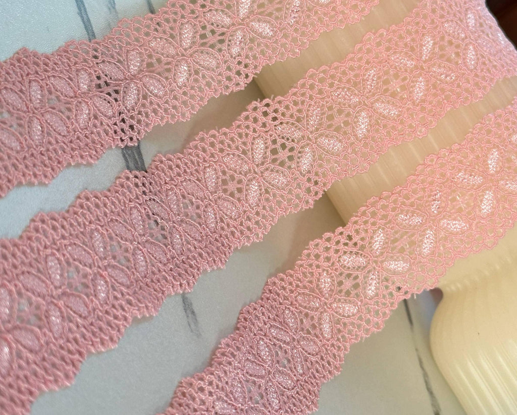 1" Peach Pink Stretch Elastic Lace Trim Dainty Scalloped Edge Butterfly Clover Ribbon for Lingerie Underwear Headbands Crafts Sewing