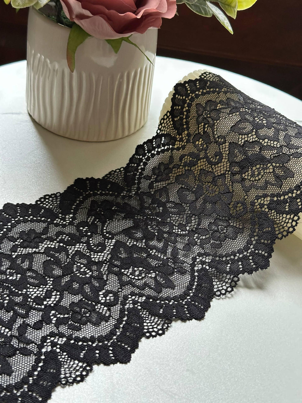 Classic Onyx Black Cordonnet Corded Slight Stretch Lace Trim Symmetrical Double Scalloped Extra Wide Galloon  for Corsets Gowns Crafts, 5.5"