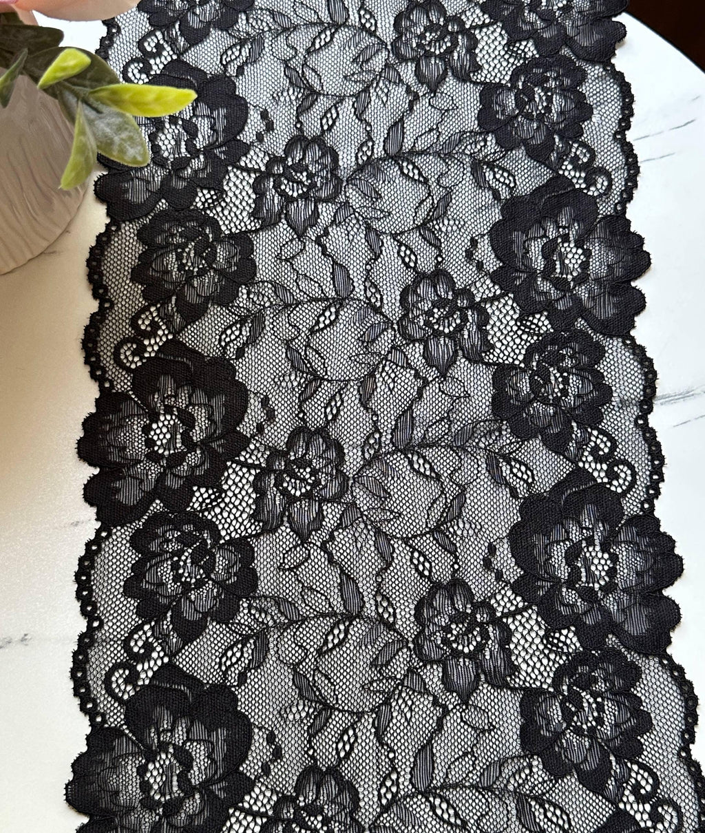 Classic Onyx Black Floral Soft Stretch Elastic Lace Trim Symmetrical Double Scalloped Extra Wide Galloon for Lingerie Gowns Crafts, 8"