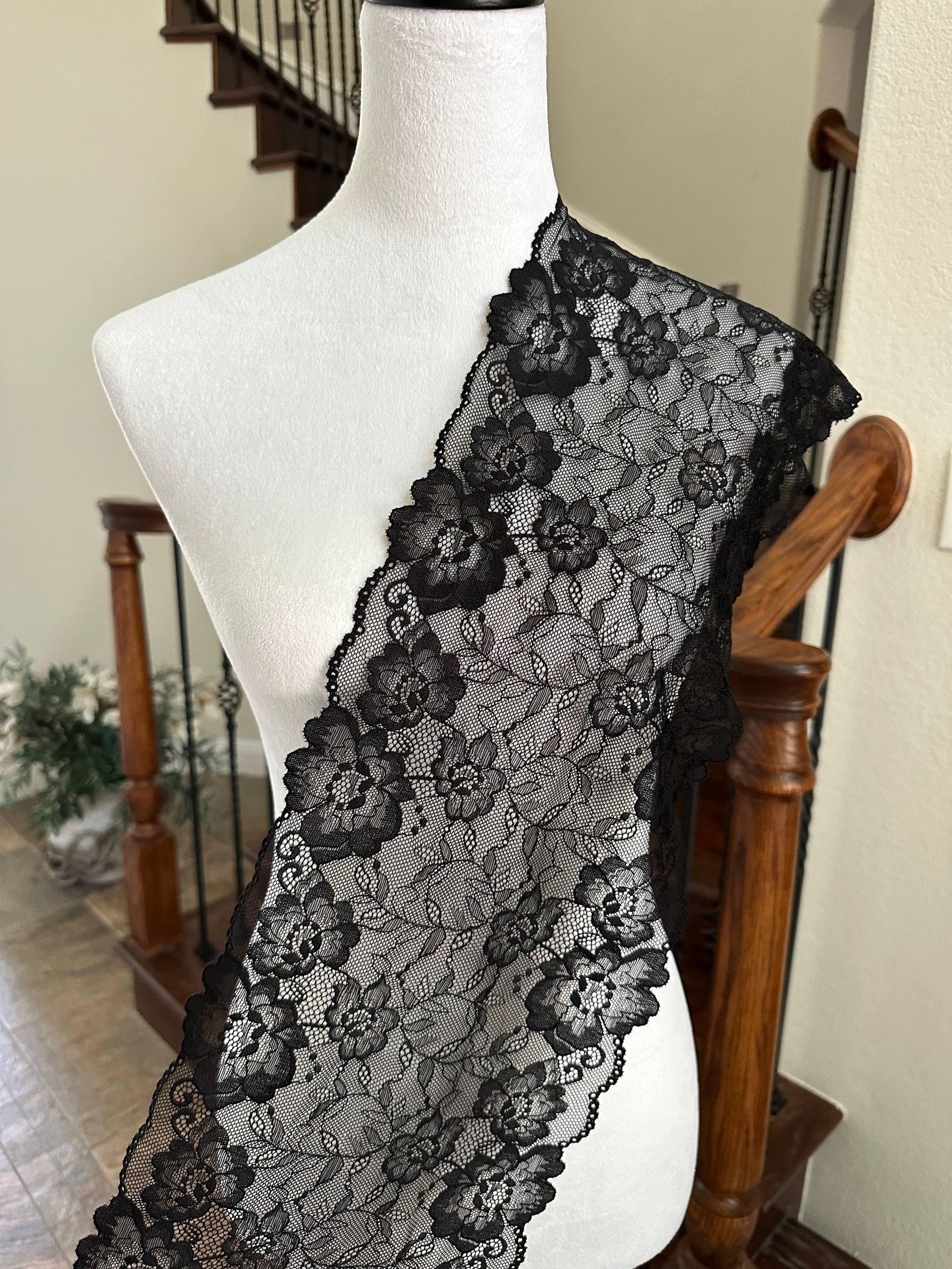 Classic Onyx Black Floral Soft Stretch Elastic Lace Trim Symmetrical Double Scalloped Extra Wide Galloon for Lingerie Gowns Crafts, 8"