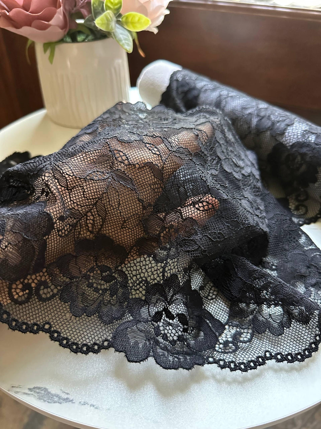 Classic Onyx Black Floral Soft Stretch Elastic Lace Trim Symmetrical Double Scalloped Extra Wide Galloon for Lingerie Gowns Crafts, 8"