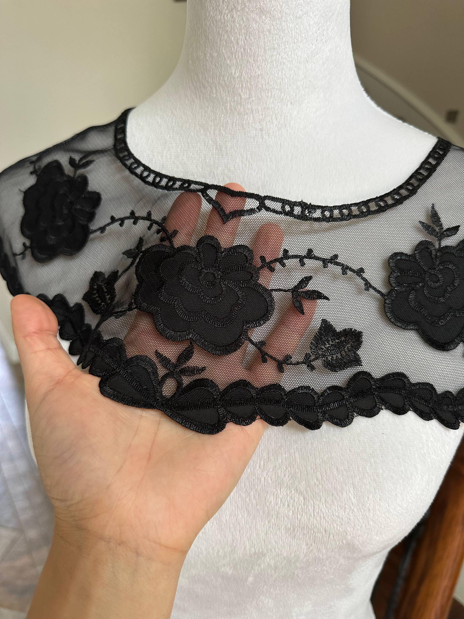 Classic Onyx Black Mesh Floral Embroidered Collar Applique Detachable Lace Neckline Bib Motif for Dress Blouse Sewing, 16" x 4.5"