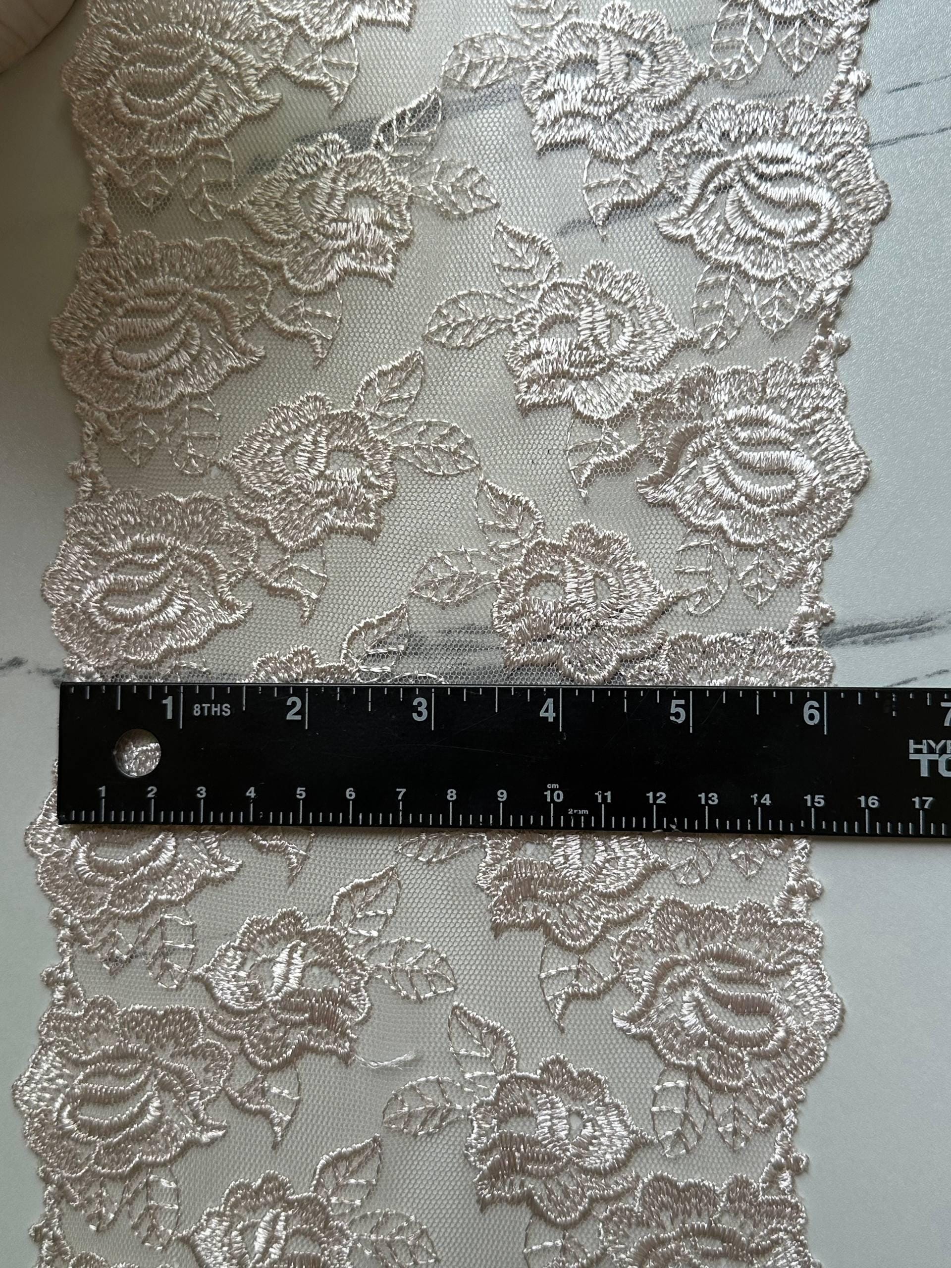 Vintage Oatmeal Cream Mesh Floral Embroidered Lace Trim Symmetrical Double Scalloped Wide Galloon Ribbon for Corsets Gowns Crafts, 6"