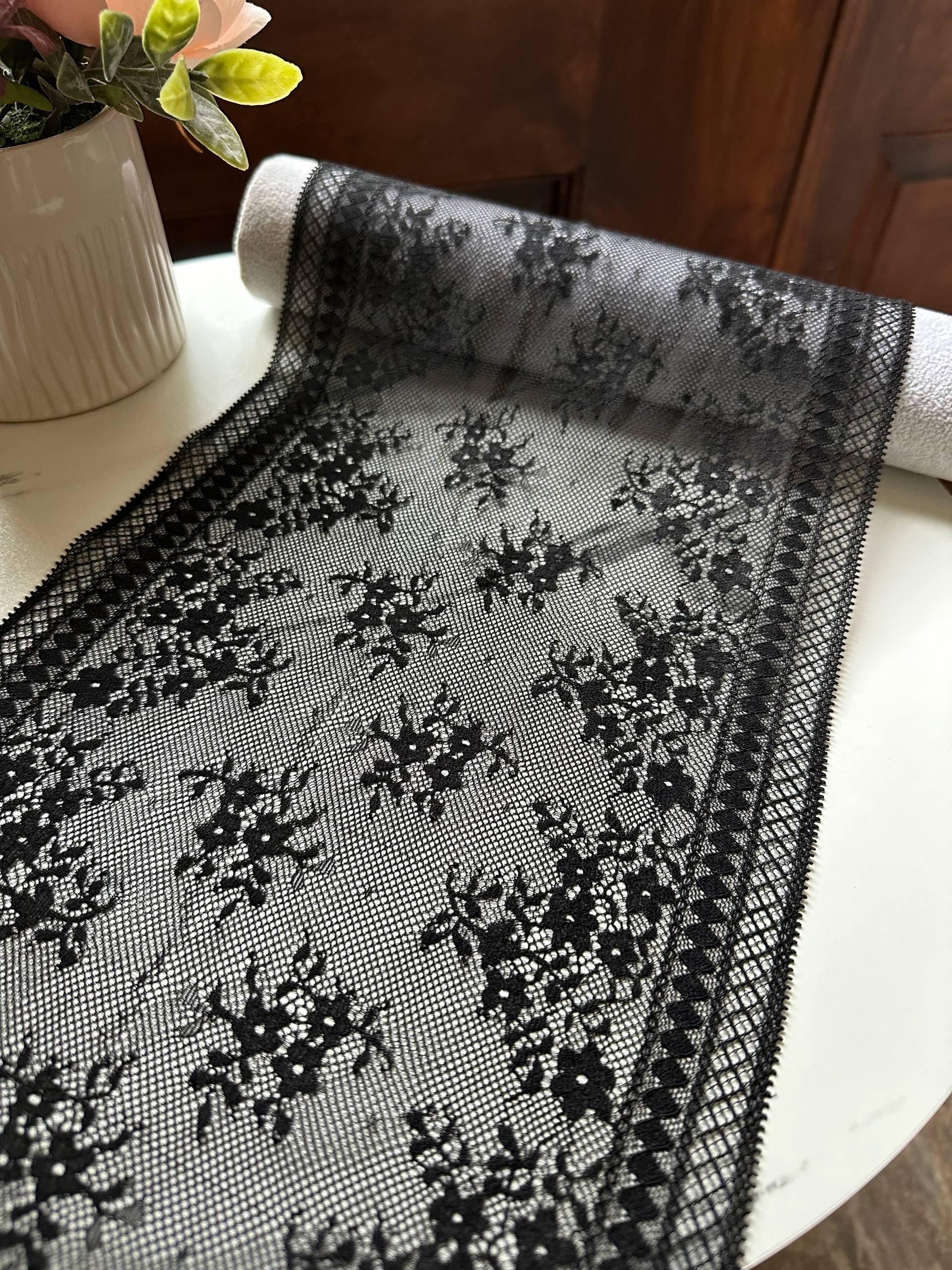 Classic Onyx Black Floral Slight Stretch Lace Trim Symmetrical Double Edge Extra Wide Galloon Ribbon for Corsets Gowns Crafts, 8.5"