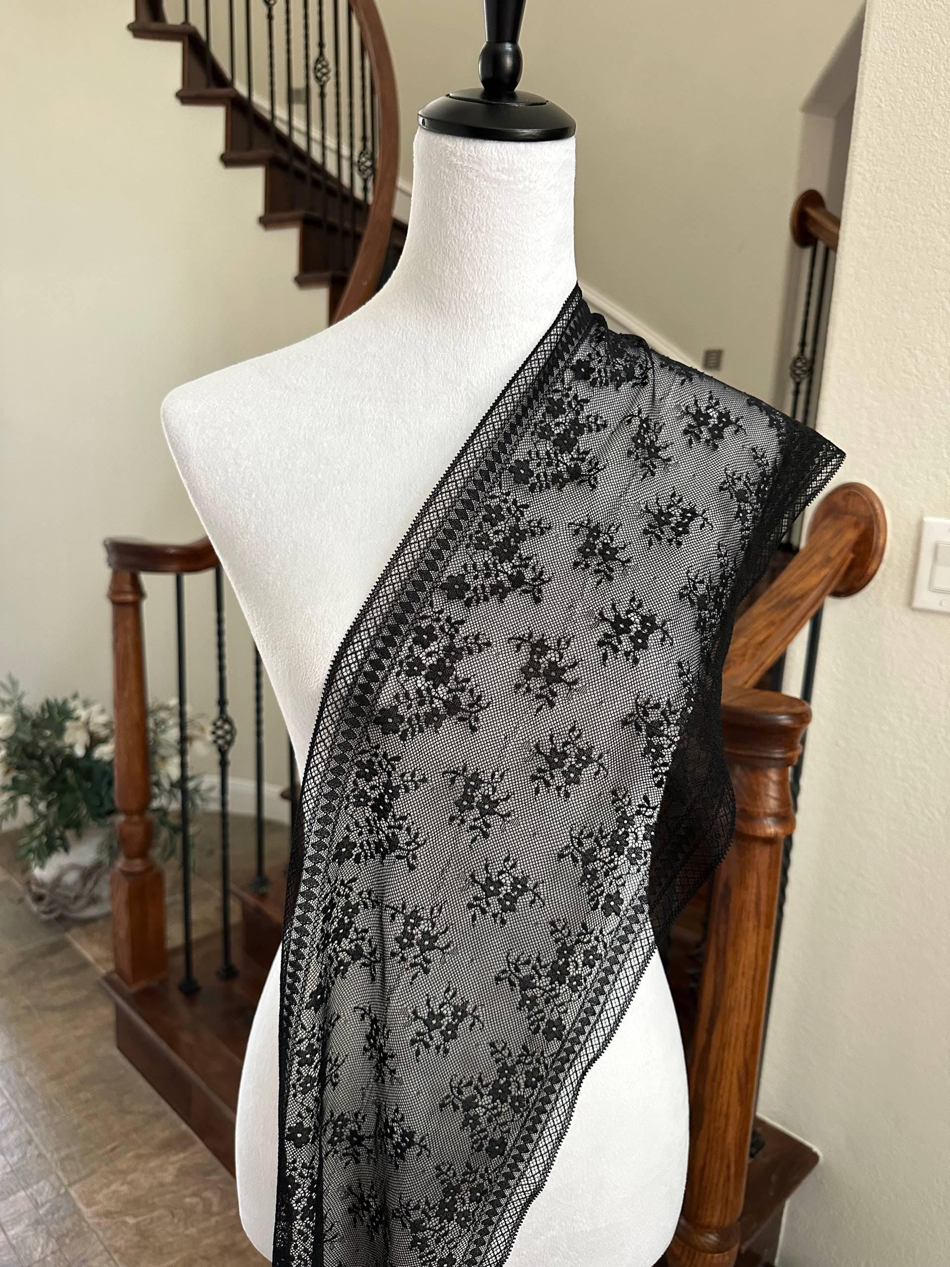Classic Onyx Black Floral Slight Stretch Lace Trim Symmetrical Double Edge Extra Wide Galloon Ribbon for Corsets Gowns Crafts, 8.5"