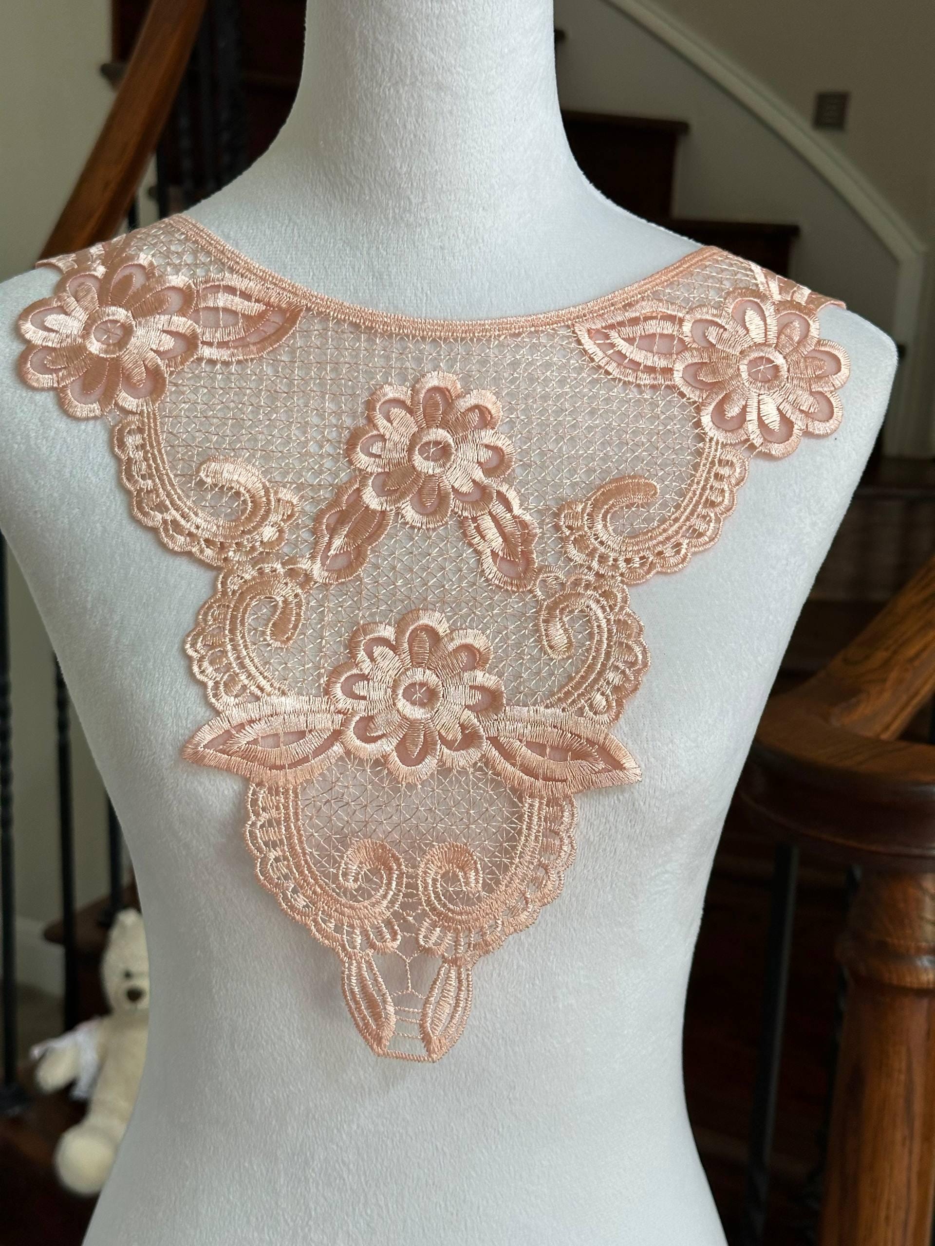 Muted Apricot Peach Mesh Floral Embroidered Collar Applique Detachable Lace Neckline Bib Motif for Dress Blouse Sewing, 11" x 18.5"
