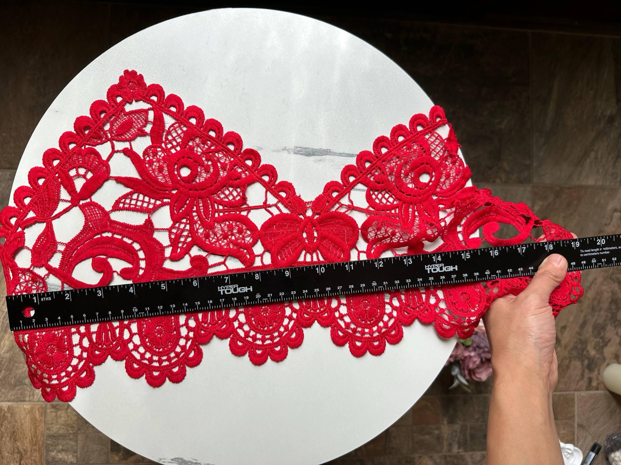 Muted Crimson Red Guipure Water Soluble Lace Bodice Applique Motif Butterfly Floral Embroidered Front Panel for Camisole Blouse Sewing, 20"
