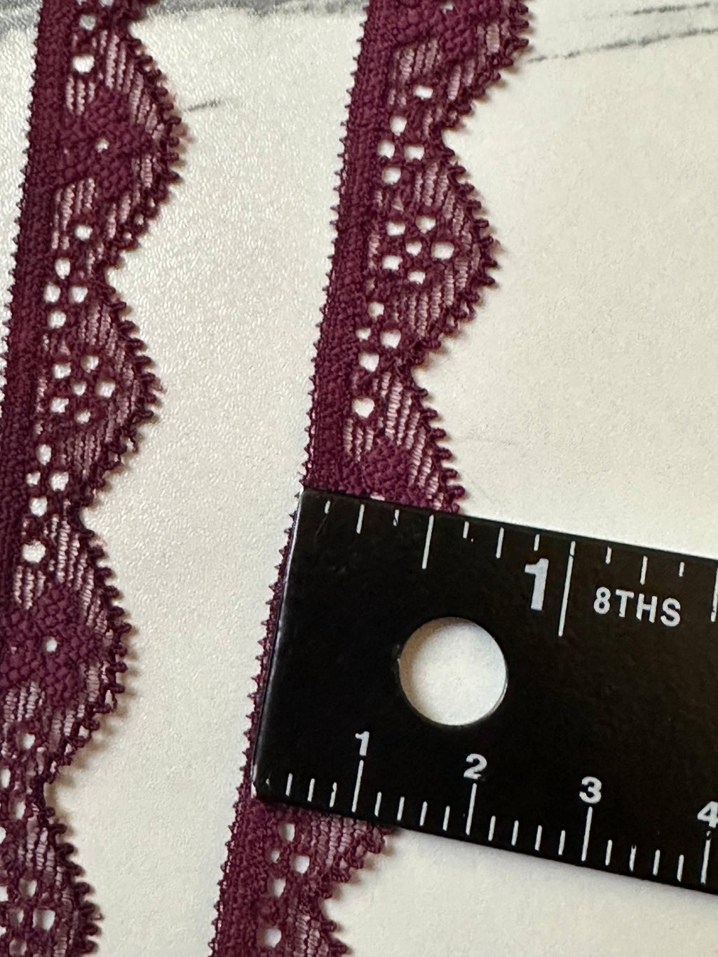Muted Burgundy Wine Geometric Stretch Elastic Lace Trim, Single Scalloped Narrow Ribbon for Lingerie Underwear Sewing Crafts, 0.5"