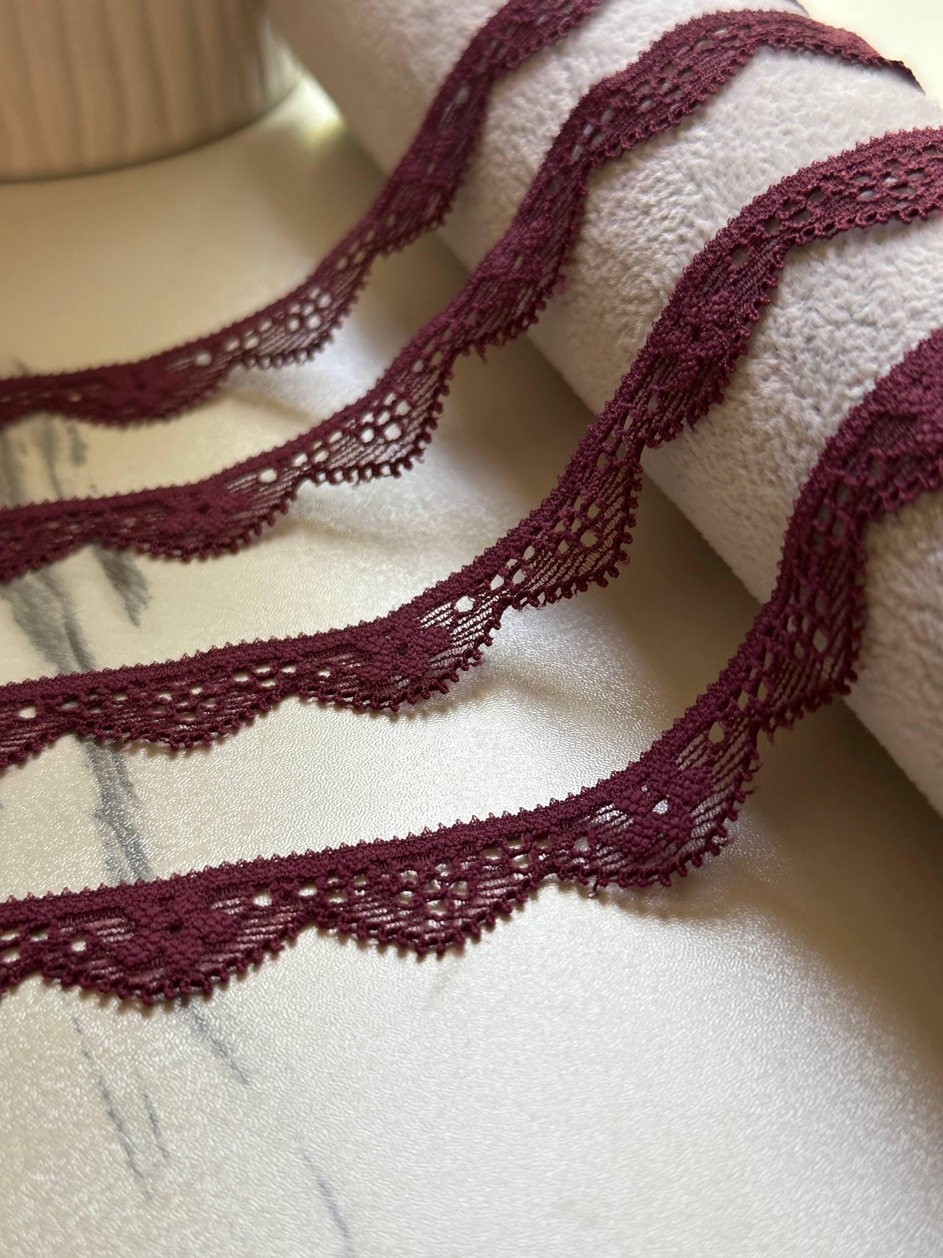 Muted Burgundy Wine Geometric Stretch Elastic Lace Trim, Single Scalloped Narrow Ribbon for Lingerie Underwear Sewing Crafts, 0.5"
