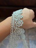Sage Green Beading Daisies Venetian Guipure Chemical Water Soluble Lace Trim Ribbon Insertable Openwork Scalloped Edge Border Crafts, 1.25"