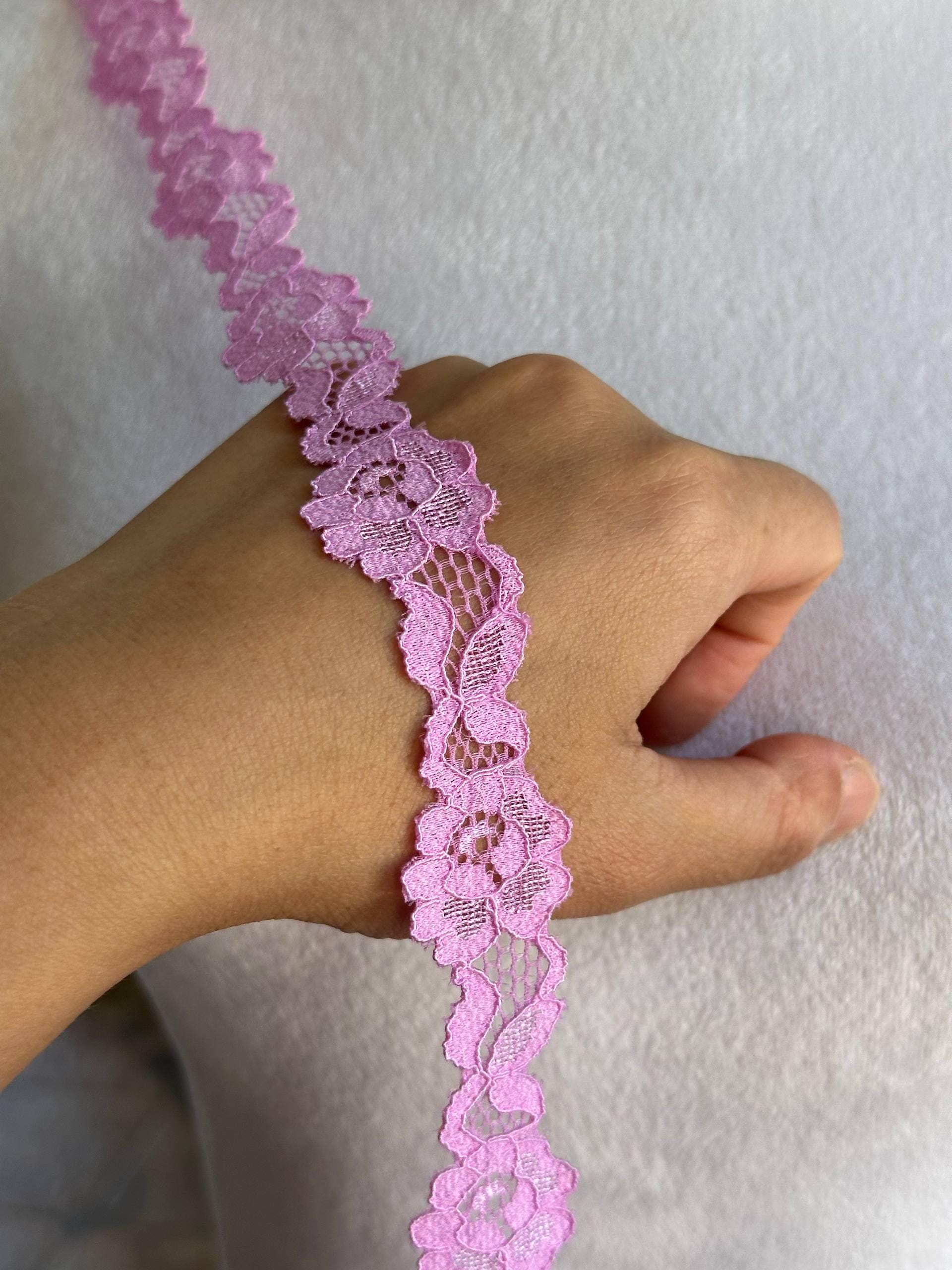 Bright Candy Pink Floral Stretch Elastic Lace Trim Symmetrical Double Scalloped Galloon Ribbon for Lingerie Underwear Crafts Sewing, 1"