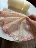 Two Tone Cream & Pink Hearts Embroidered Mesh Tulle Lace Trim Single Scalloped Edge Non Stretch Ribbon for Gowns Lingerie Crafts Sewing,6.5"