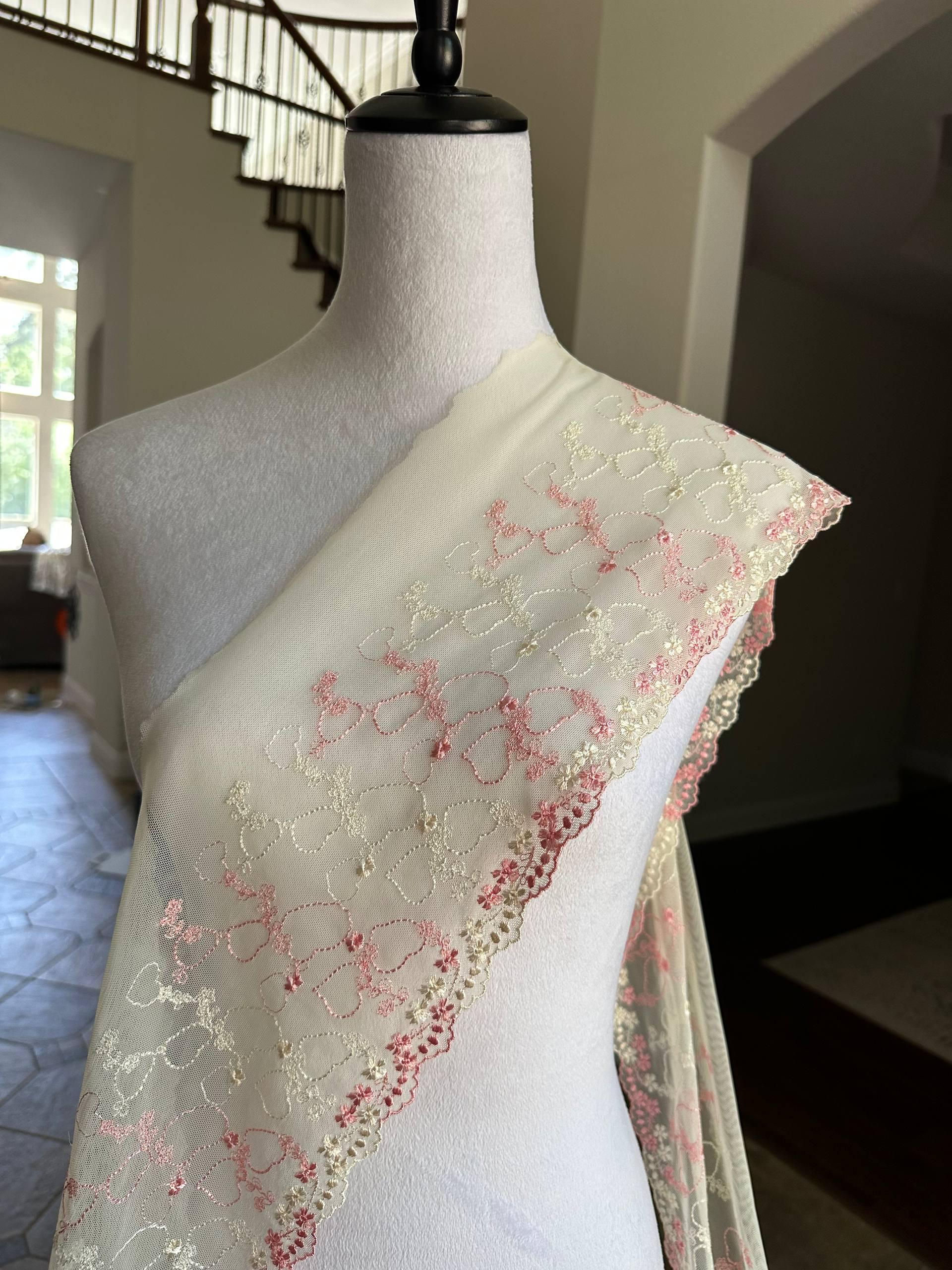 Two Tone Cream & Pink Hearts Embroidered Mesh Tulle Lace Trim Single Scalloped Edge Non Stretch Ribbon for Gowns Lingerie Crafts Sewing,6.5"