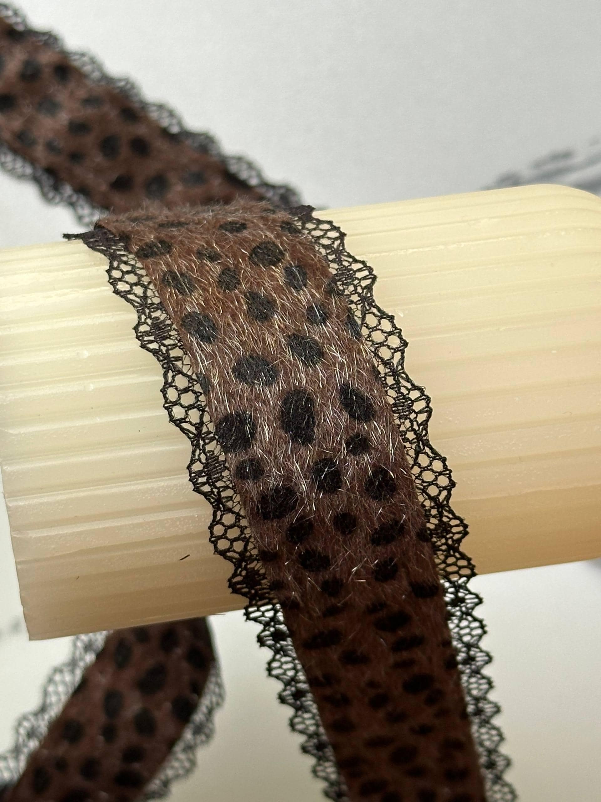 Leopard Print Mohair Faux Fur Black Lace Trim Symmetrical Scalloped Eyelash Ribbon for Y2K Grunge Lingerie Crafts Sewing, 1.25"