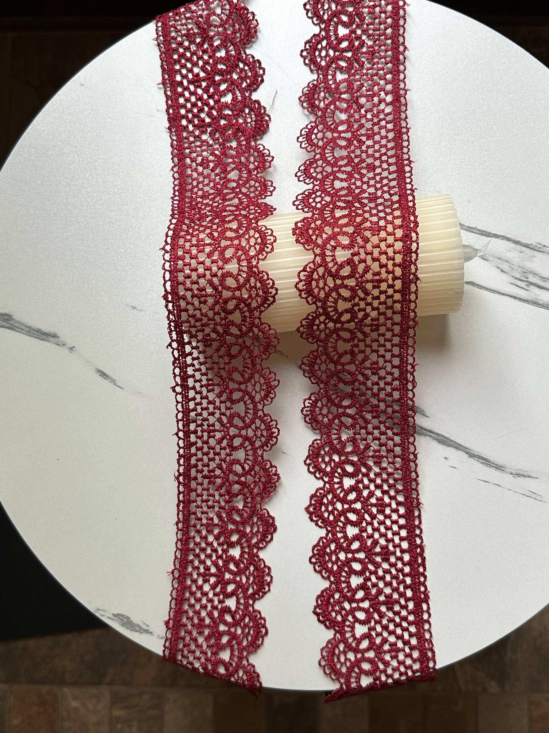 Burgundy Wine Red Venetian Guipure Chemical Water Soluble Lace Trim Symmetrical Double Scalloped Non Stretch Ribbon for Gowns Crafts, 2.5"