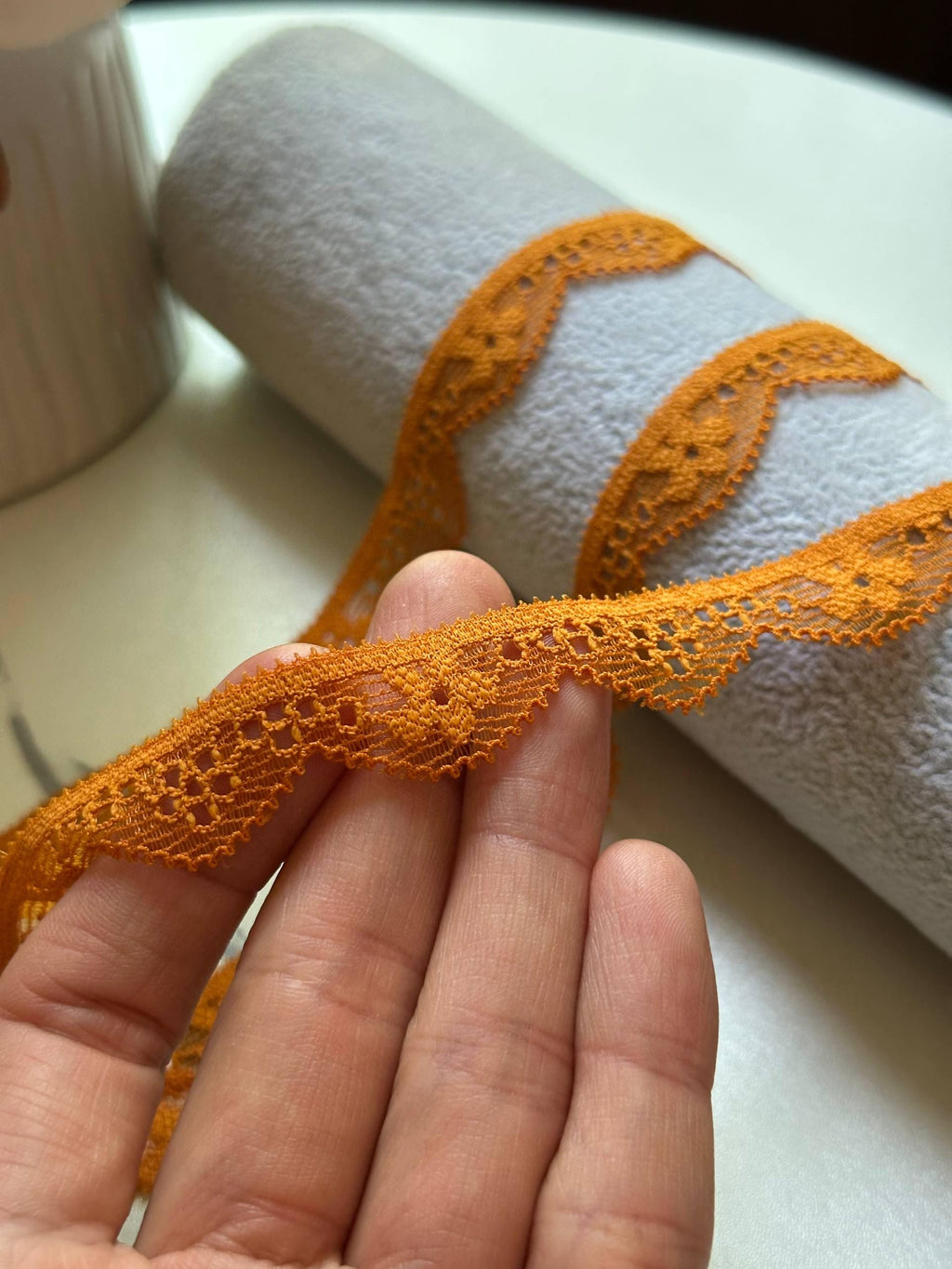 Muted Pumpkin Spice Orange Geometric Stretch Elastic Lace Trim, Single Scalloped Narrow Ribbon for Lingerie Underwear Crafts, 0.6"