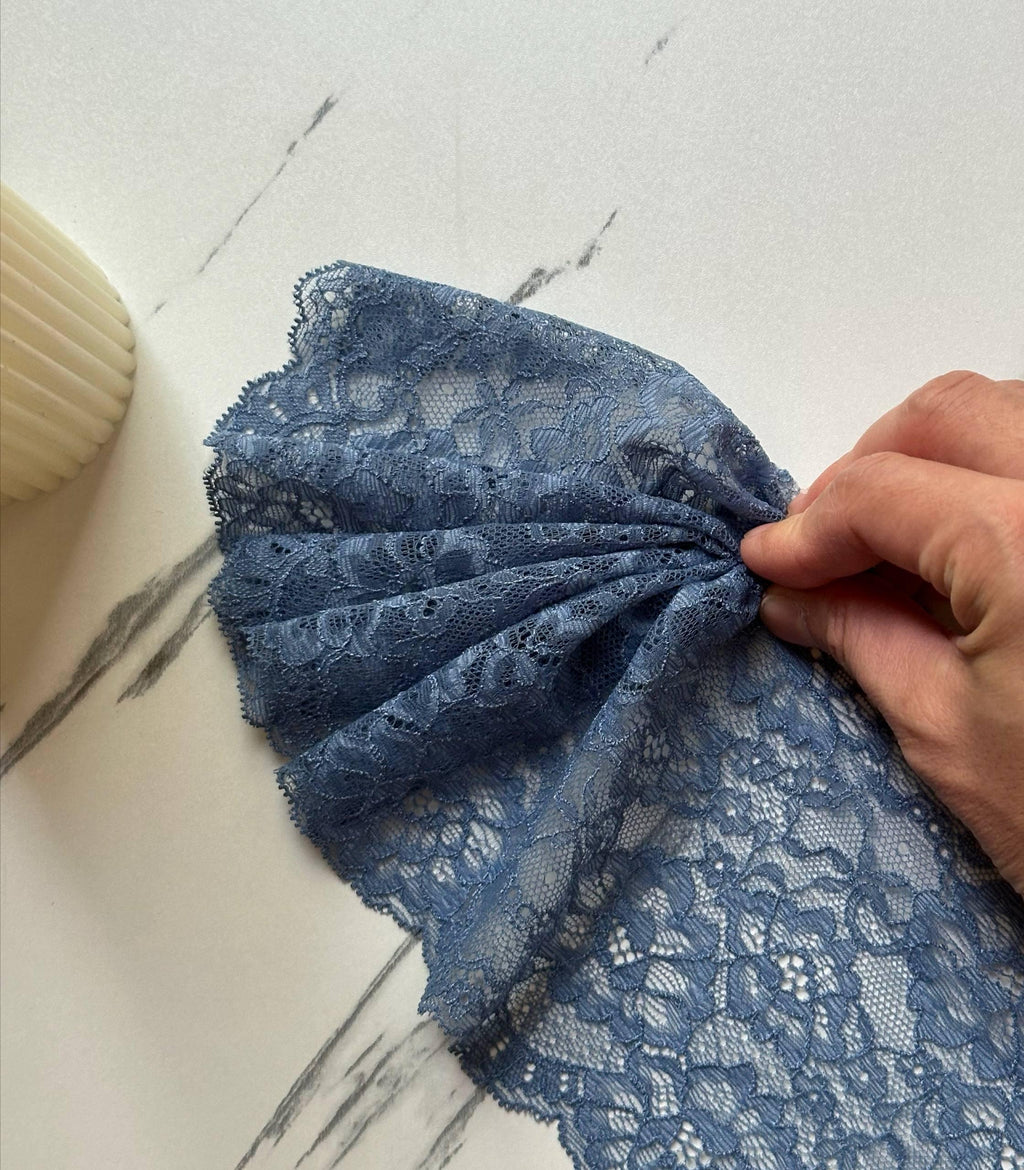 Dusty Steel Blue Floral Stretch Elastic Lace Trim Symmetrical Double Scalloped Wide Galloon Ribbon for Lingerie Gowns Crafts Sewing, 5"