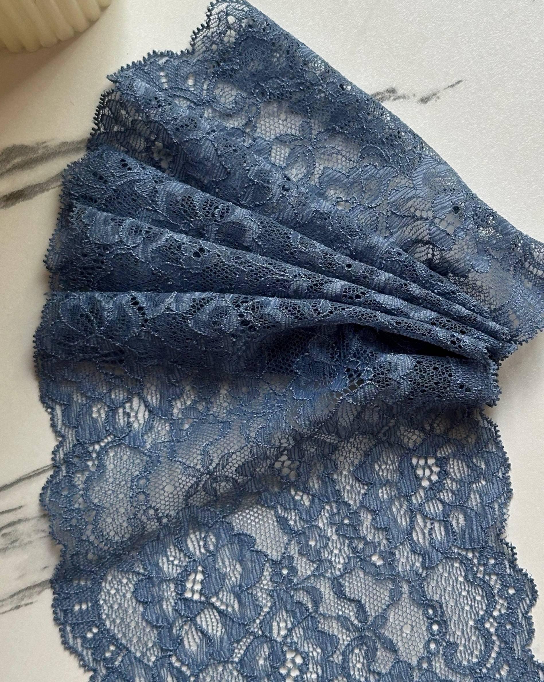 Dusty Steel Blue Floral Stretch Elastic Lace Trim Symmetrical Double Scalloped Wide Galloon Ribbon for Lingerie Gowns Crafts Sewing, 5"