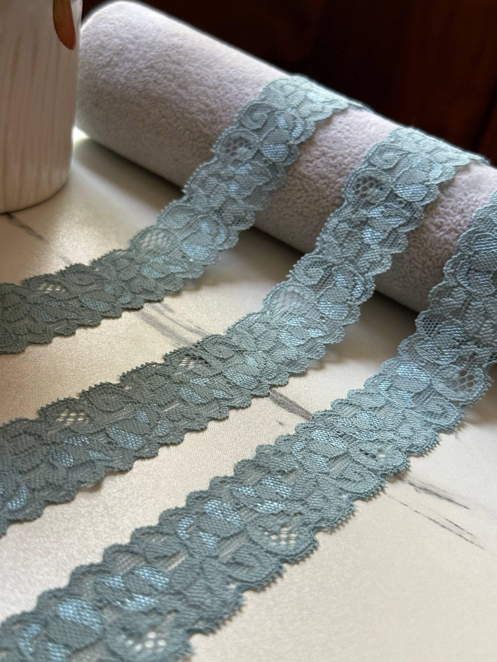Muted Sage Dust Floral Stretch Elastic Lace Trim, Symmetrical Semicircle Scalloped Narrow Ribbon for Lingerie Underwear Crafts, 1"