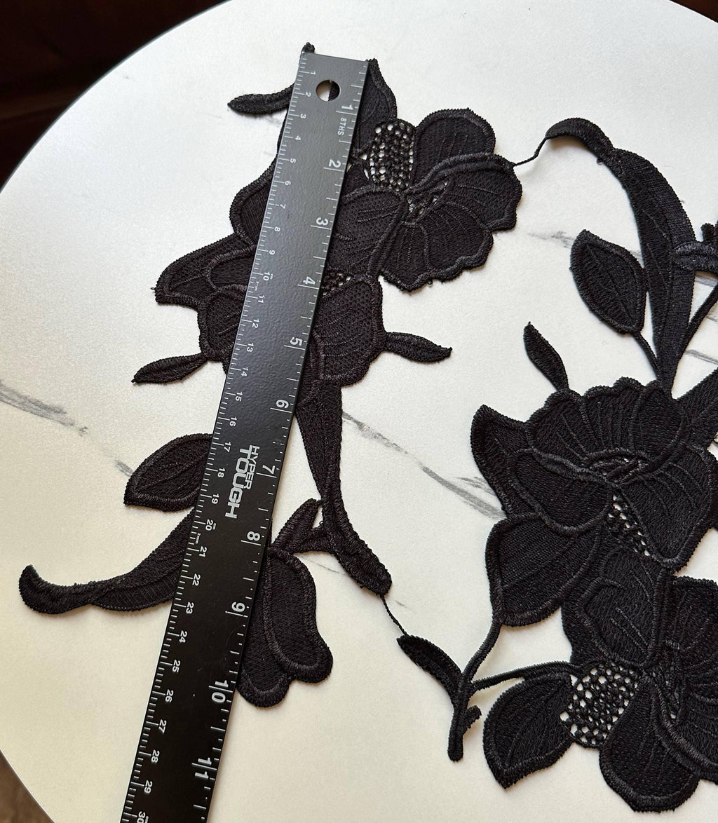 Onyx Black Floral Guipure Lace Applique Motif, Symmetrical Embroidered Flower Patches Pair for Shoulder Mirror Dress Sewing, 10"x4"