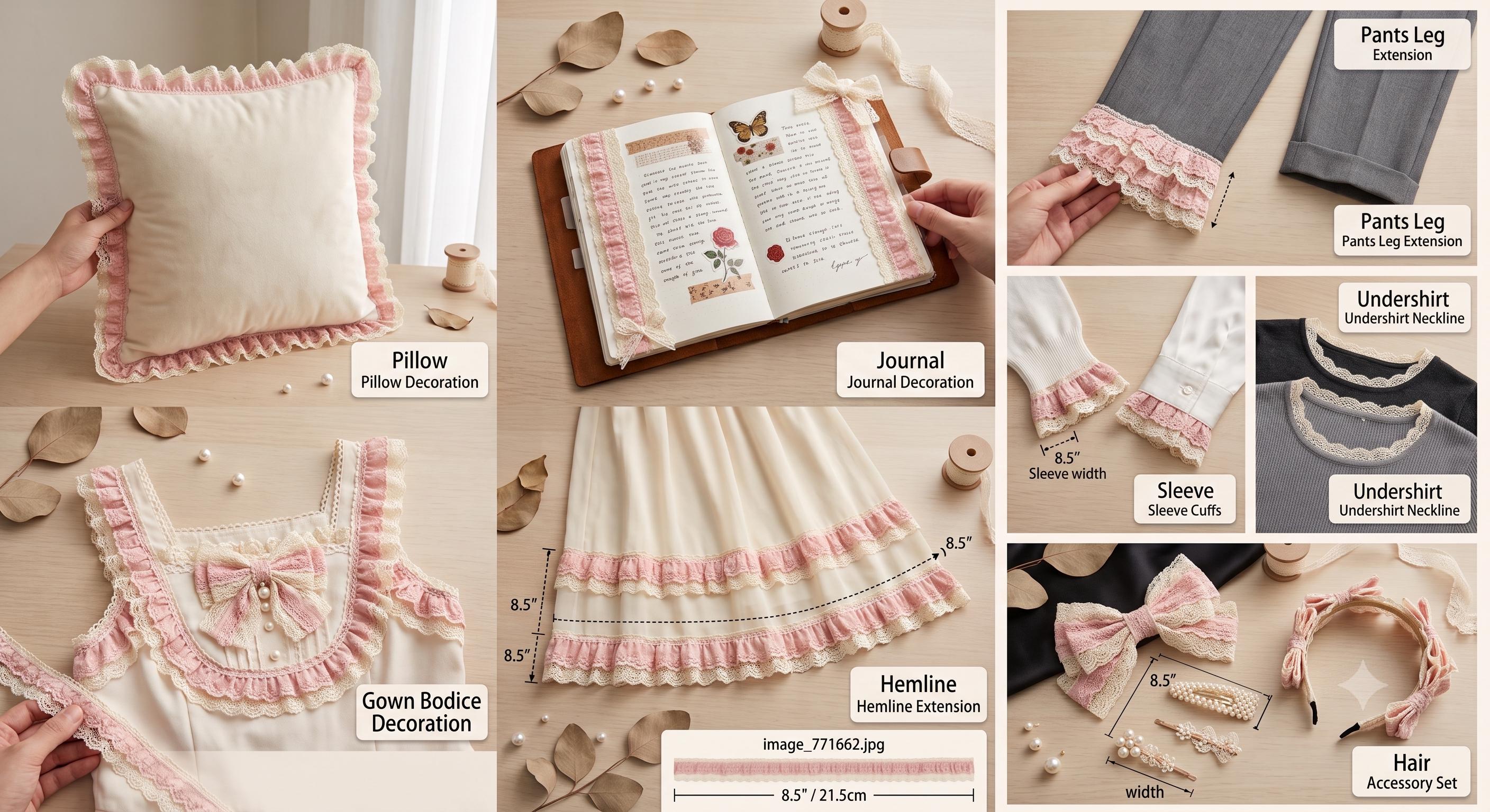 Hand Gathered Double Layer Pleated Ruffle Lace Trim by the Yard, Dusty Rose Cream French Chantilly Lace Trim for Lingerie Bridal, 1.3"