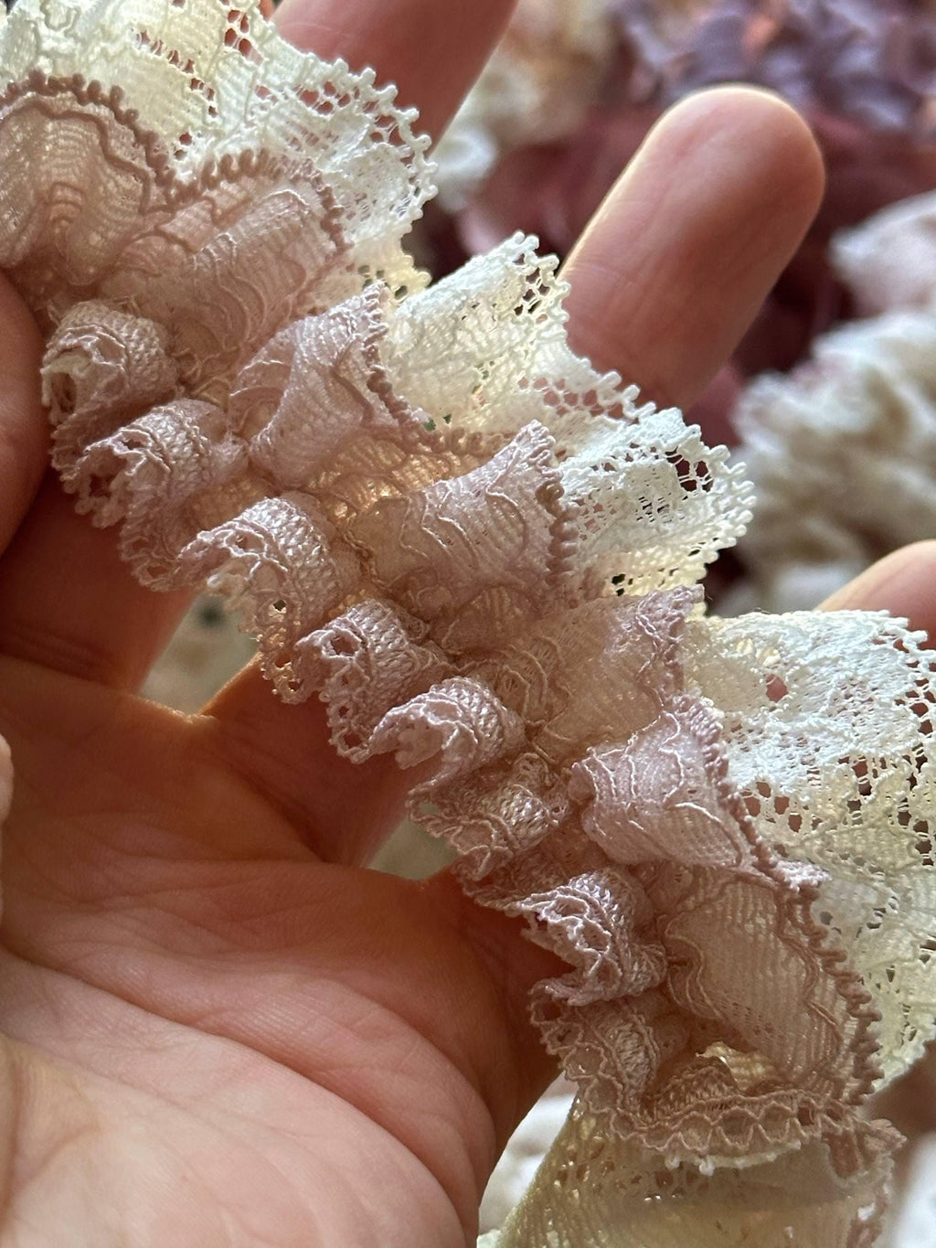 Hand Gathered Double Layer Pleated Ruffle Lace Trim by the Yard, Dusty Rose Cream French Chantilly Lace Trim for Lingerie Bridal, 1.3"