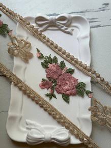 Vintage Rose Embroidered Organza Lace Trim by the Yard, Structured Wide Floral Ribbon for Curtains Pillows Home Decor Crafts, 3.5"