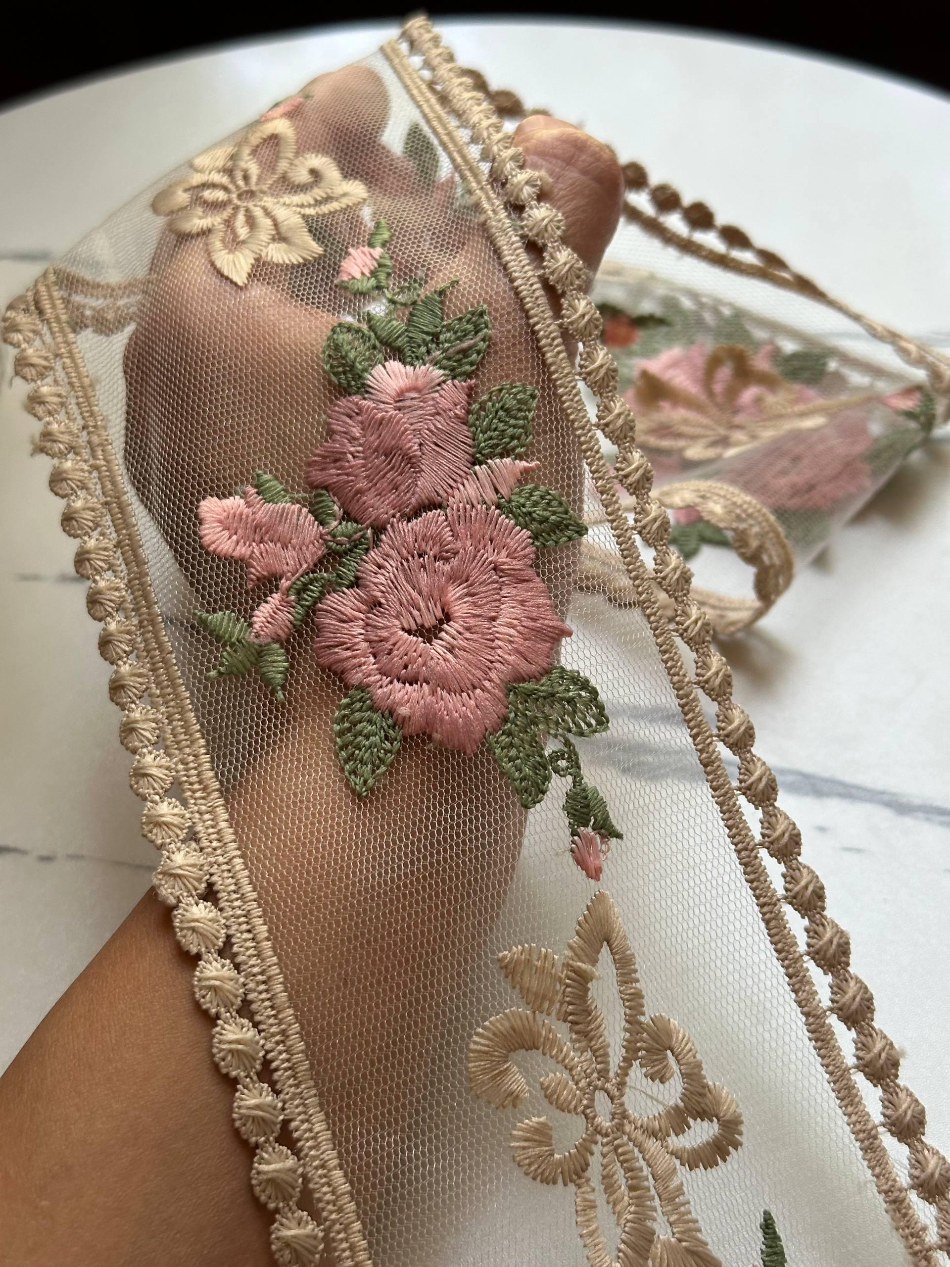 Vintage Rose Embroidered Organza Lace Trim by the Yard, Structured Wide Floral Ribbon for Curtains Pillows Home Decor Crafts, 3.5"