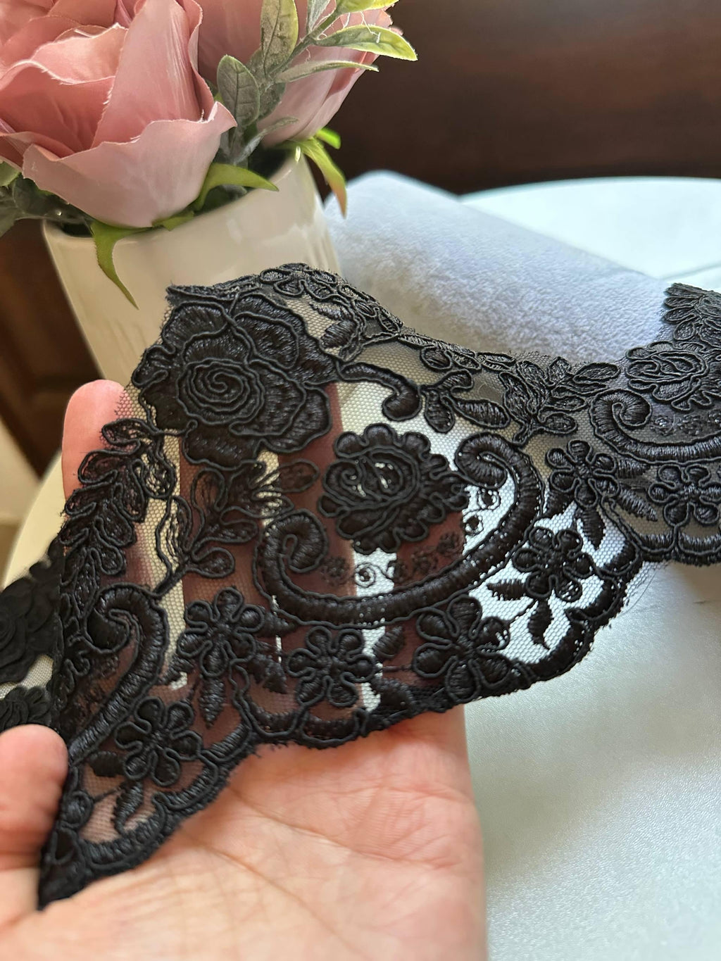 Black Corded Alencon Lace Trim by the Yard, Wide Bridal Lace Supply for Wedding Dress Couture Gowns Evening Veil Edge, 5" Max Width