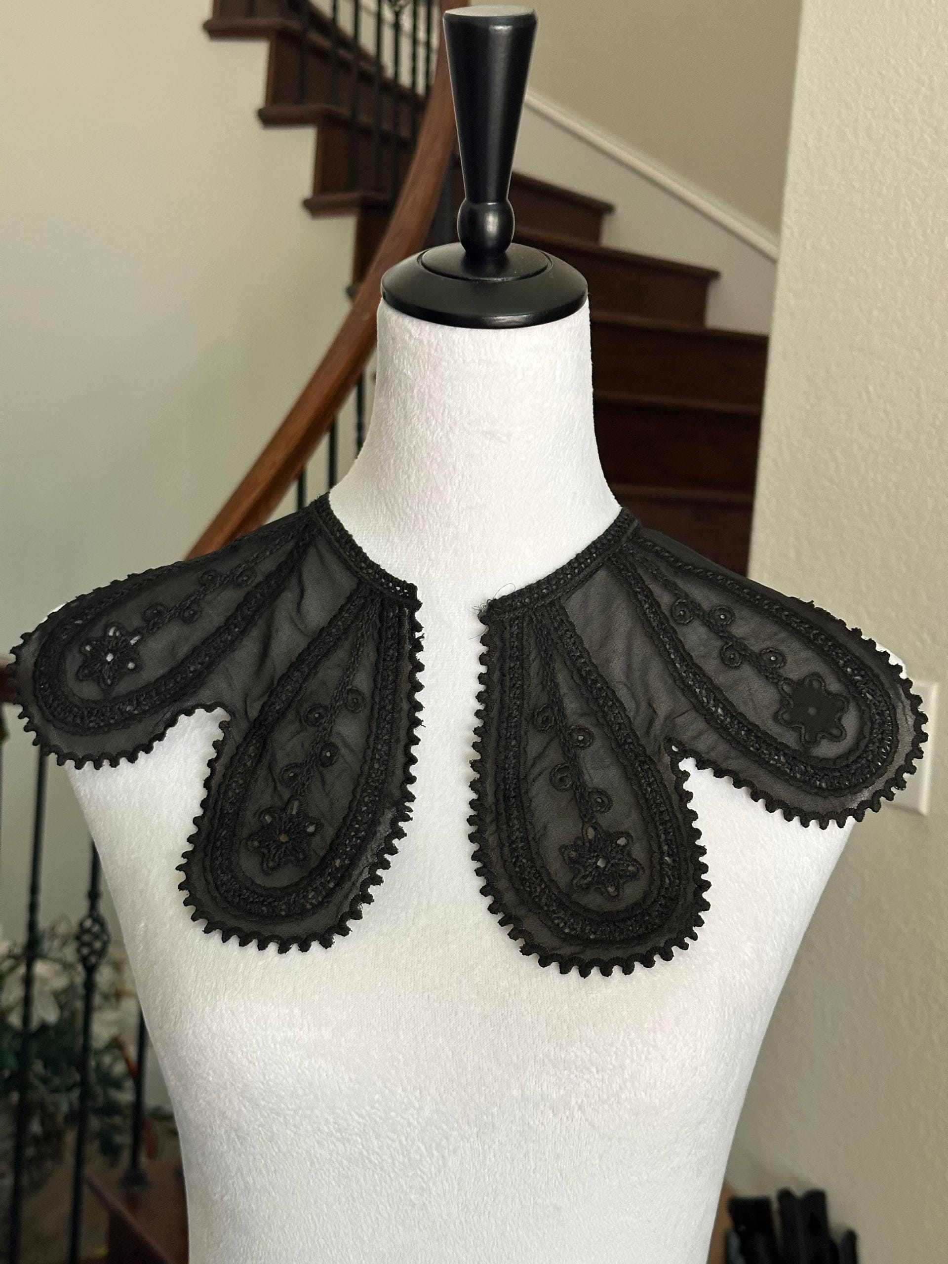 Black Organza Embroidered Lace Collar Detachable Peter Pan Neckline Applique Statement Bodice Motif for Gowns Blouses Crafts, 6"
