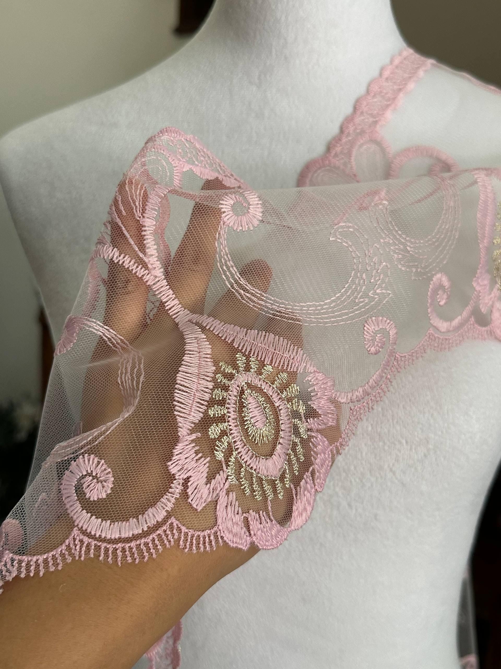 Dusty Pink Gold Embroidered Organza Lace Trim by the Yard, Wide Structured Scroll Ribbon for Curtain Pillow Home Decor Crafts, 7.2"