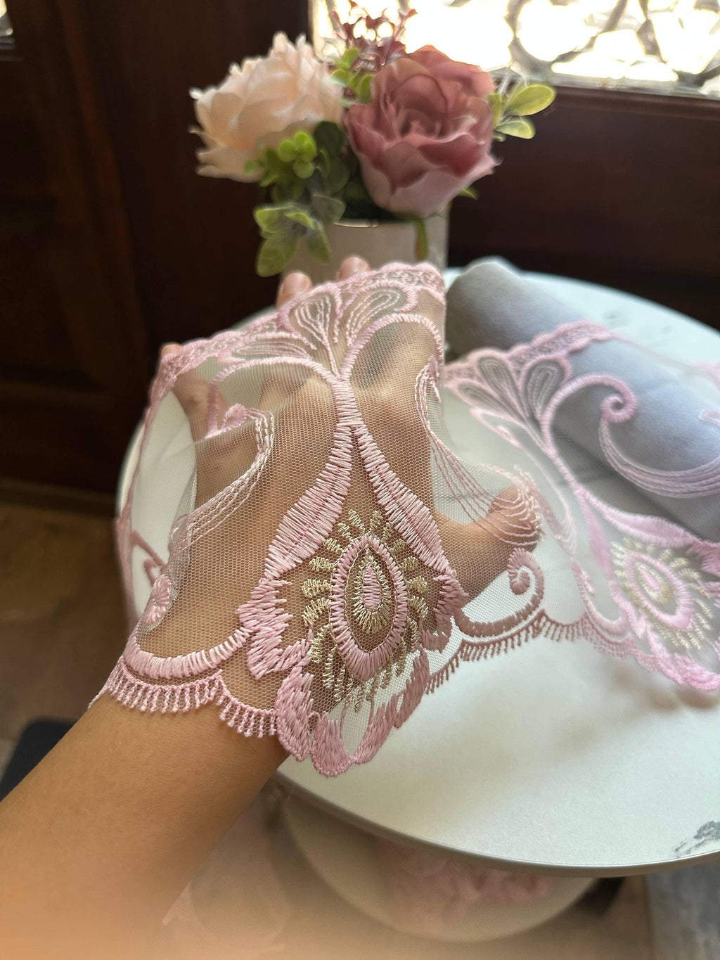 Dusty Pink Gold Embroidered Organza Lace Trim by the Yard, Wide Structured Scroll Ribbon for Curtain Pillow Home Decor Crafts, 7.2"